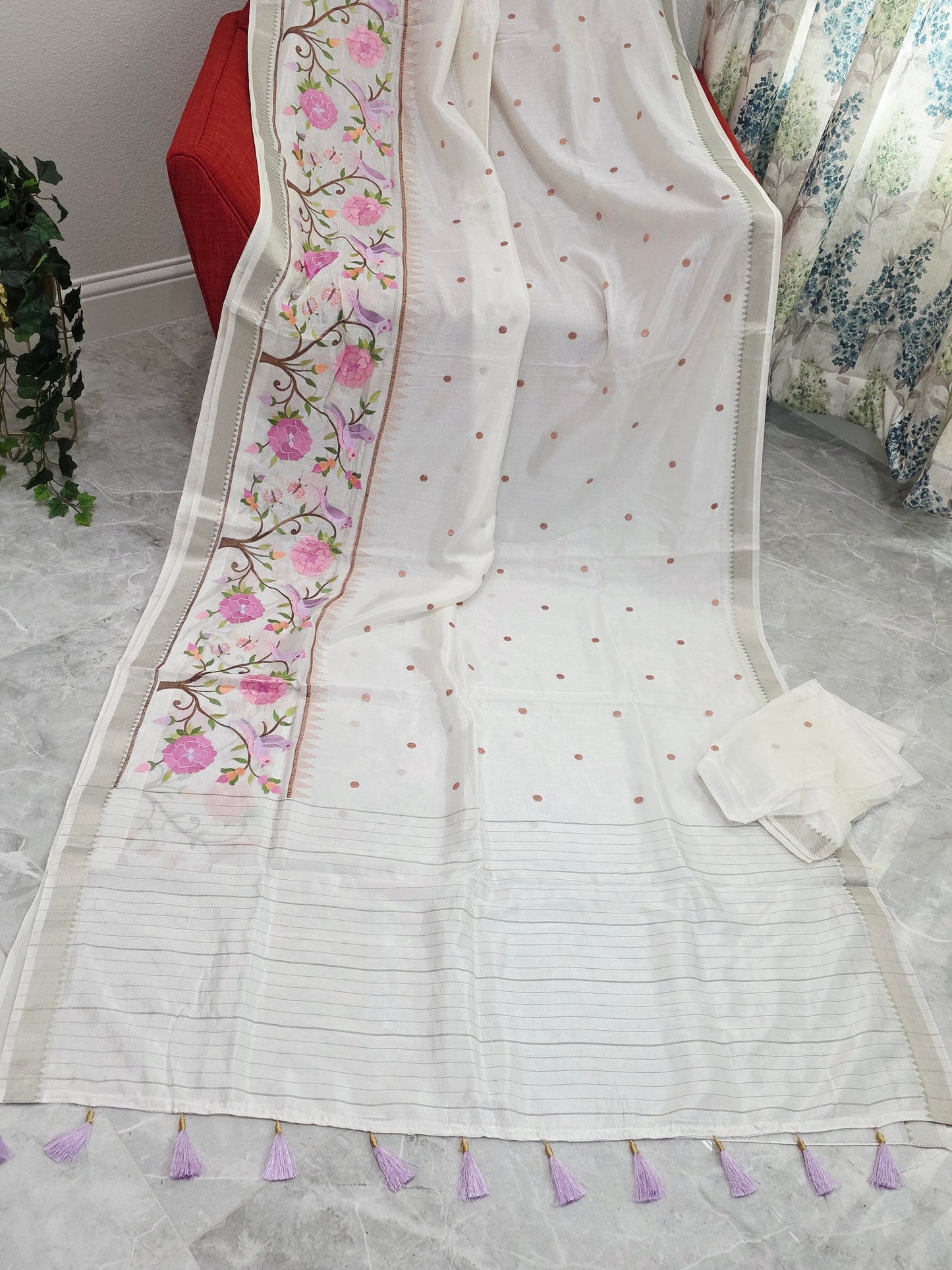 Off White Mangalagiri Silk Cotton Handloom Saree with Bird Embroidered Border