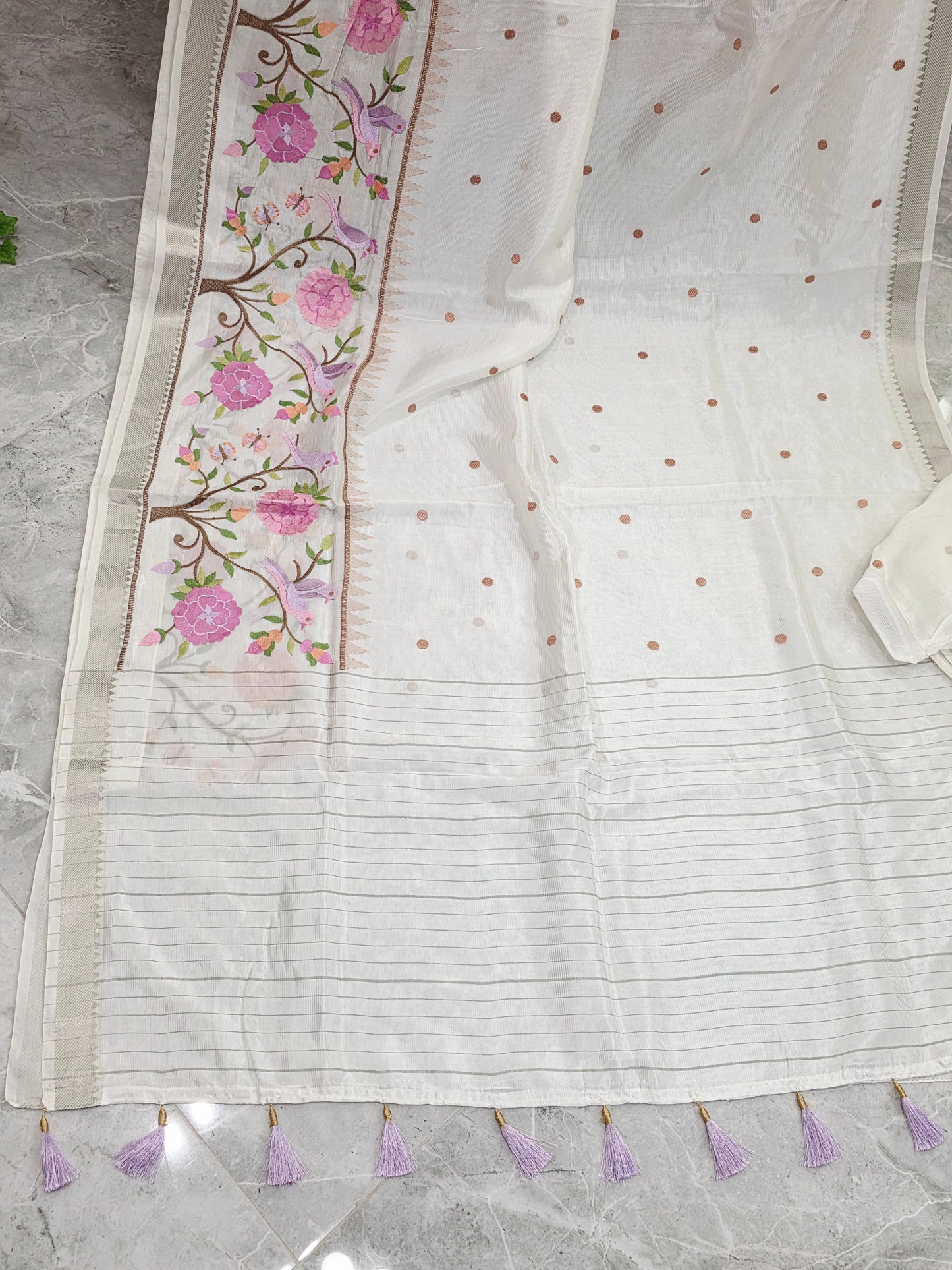 Off White Mangalagiri Silk Cotton Handloom Saree with Bird Embroidered Border