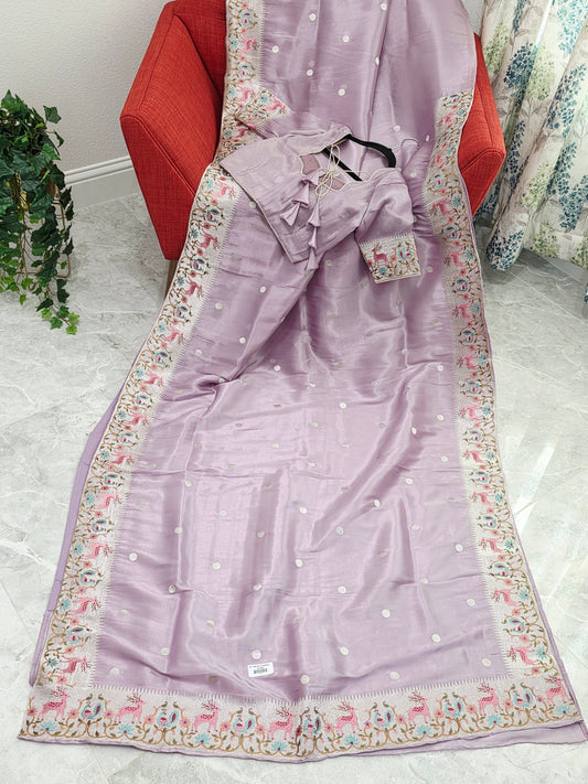 Blush Lavender Soft Tissue Silk Saree With Embroidered Border Stitched Blouse