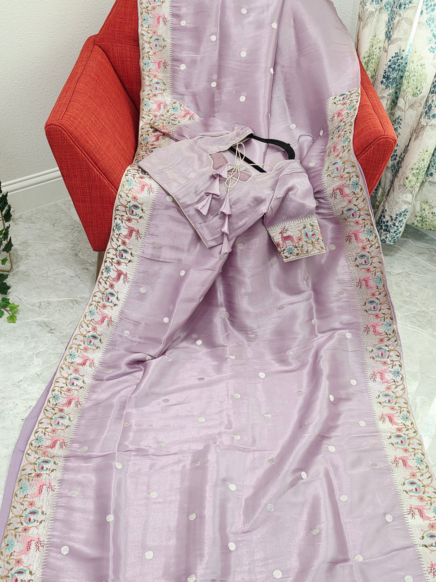Blush Lavender Soft Tissue Silk Saree With Embroidered Border Stitched Blouse