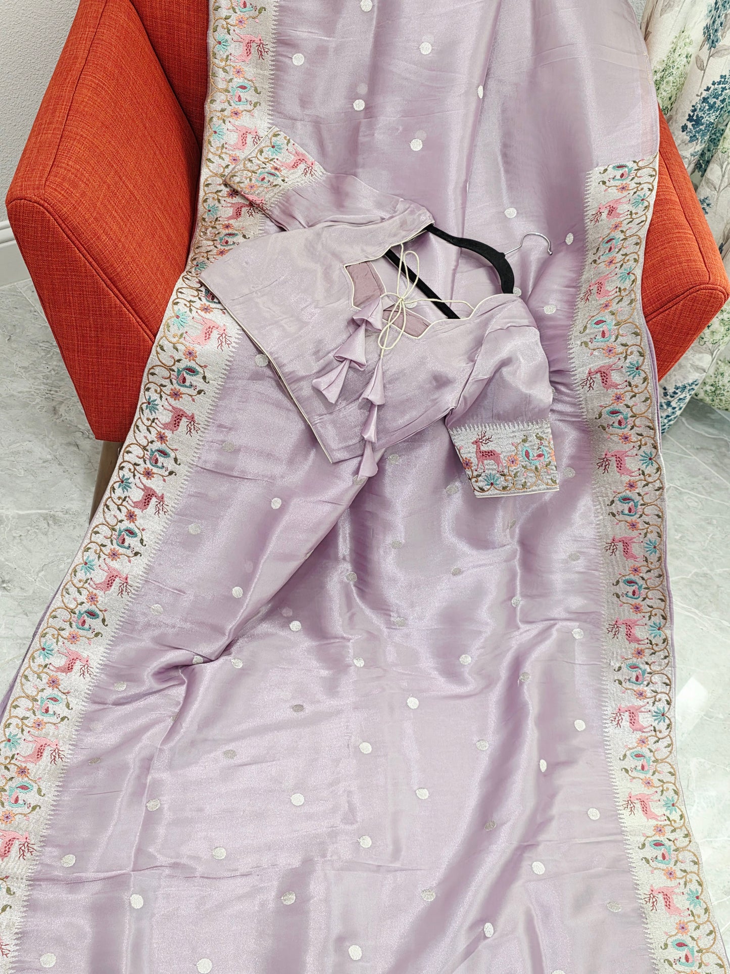 Blush Lavender Soft Tissue Silk Saree With Embroidered Border Stitched Blouse