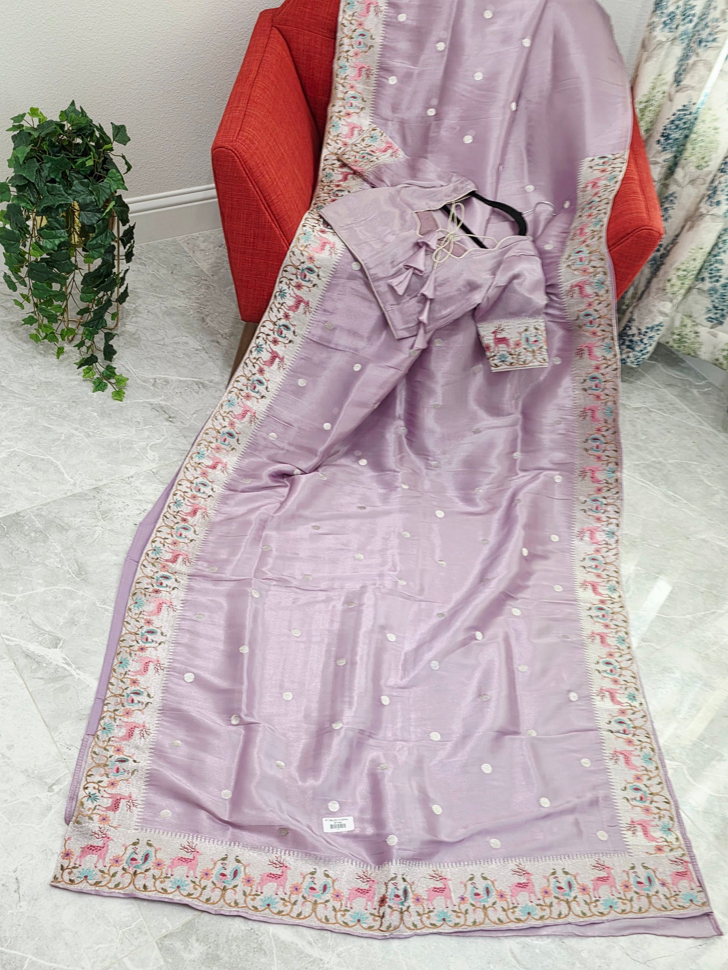 Blush Lavender Soft Tissue Silk Saree With Embroidered Border Stitched Blouse