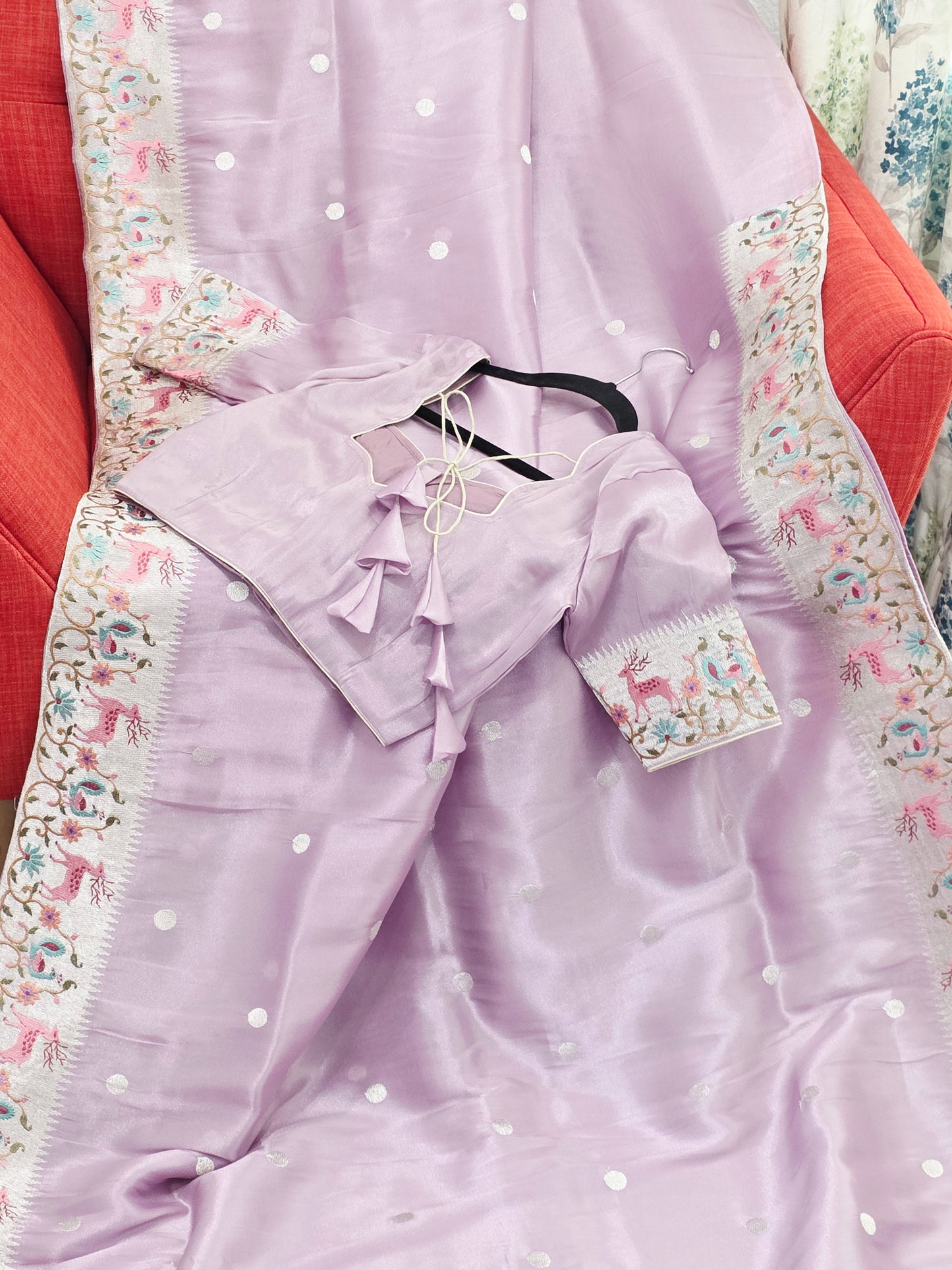 Blush Lavender Soft Tissue Silk Saree With Embroidered Border Stitched Blouse