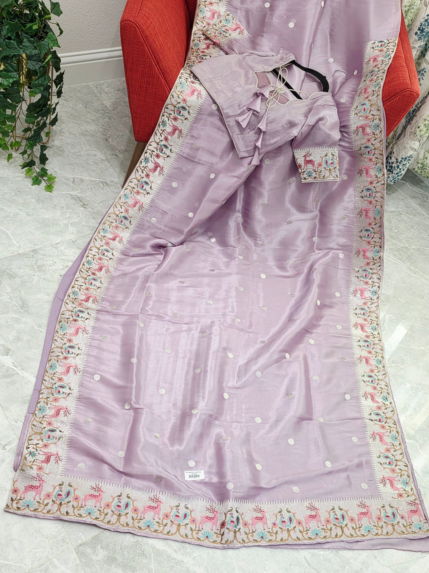 Blush Lavender Soft Tissue Silk Saree With Embroidered Border Stitched Blouse