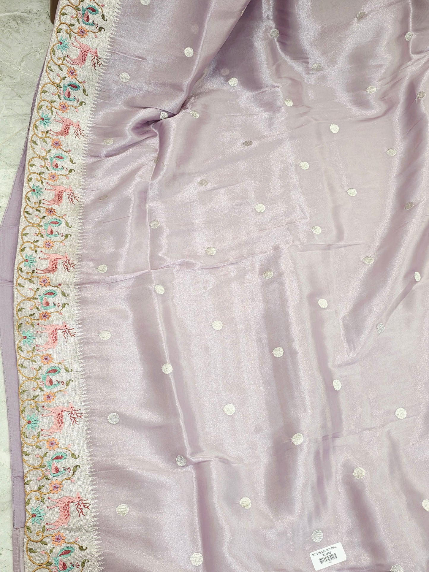 Blush Lavender Soft Tissue Silk Saree With Embroidered Border Stitched Blouse