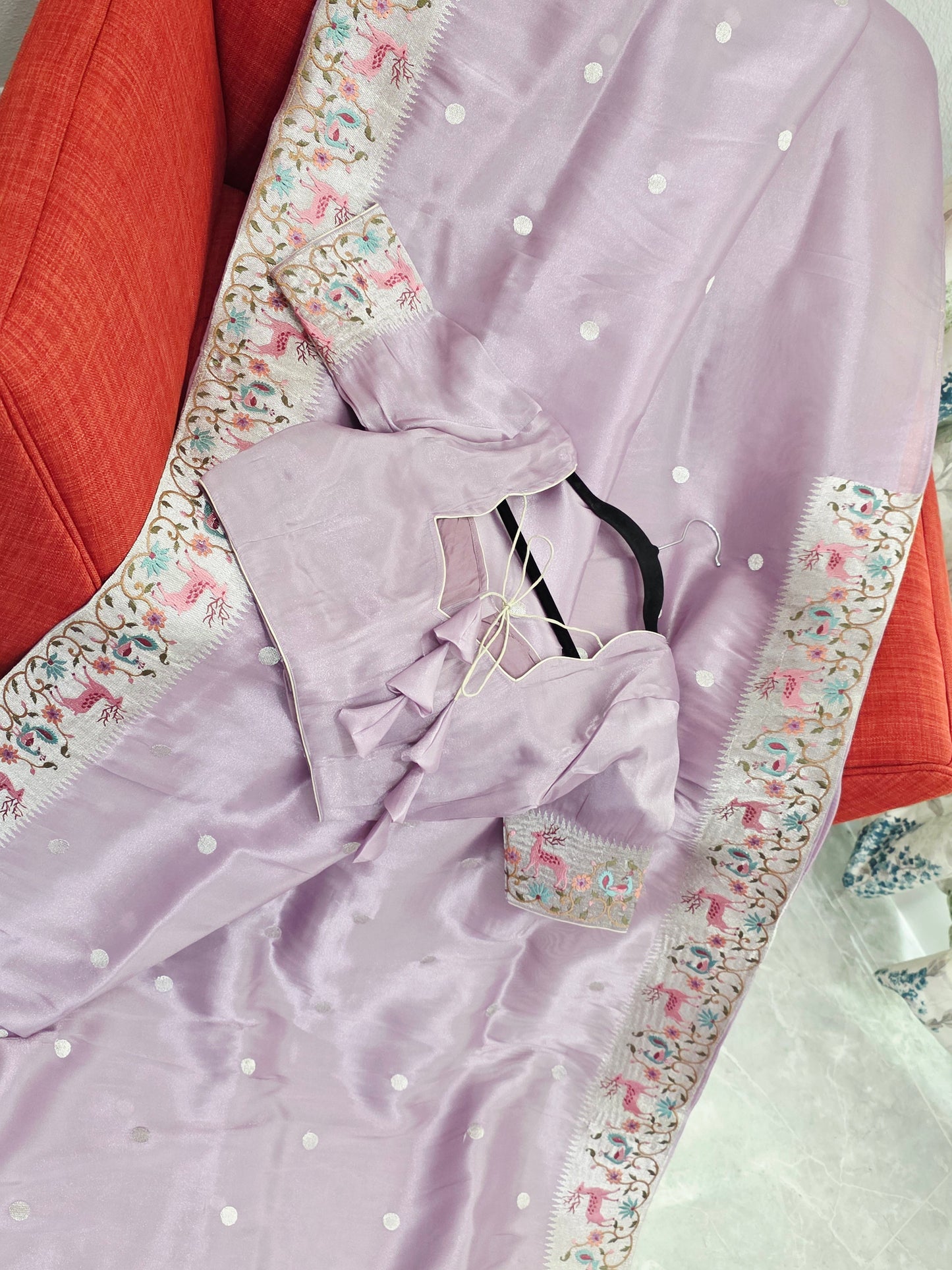 Blush Lavender Soft Tissue Silk Saree With Embroidered Border Stitched Blouse
