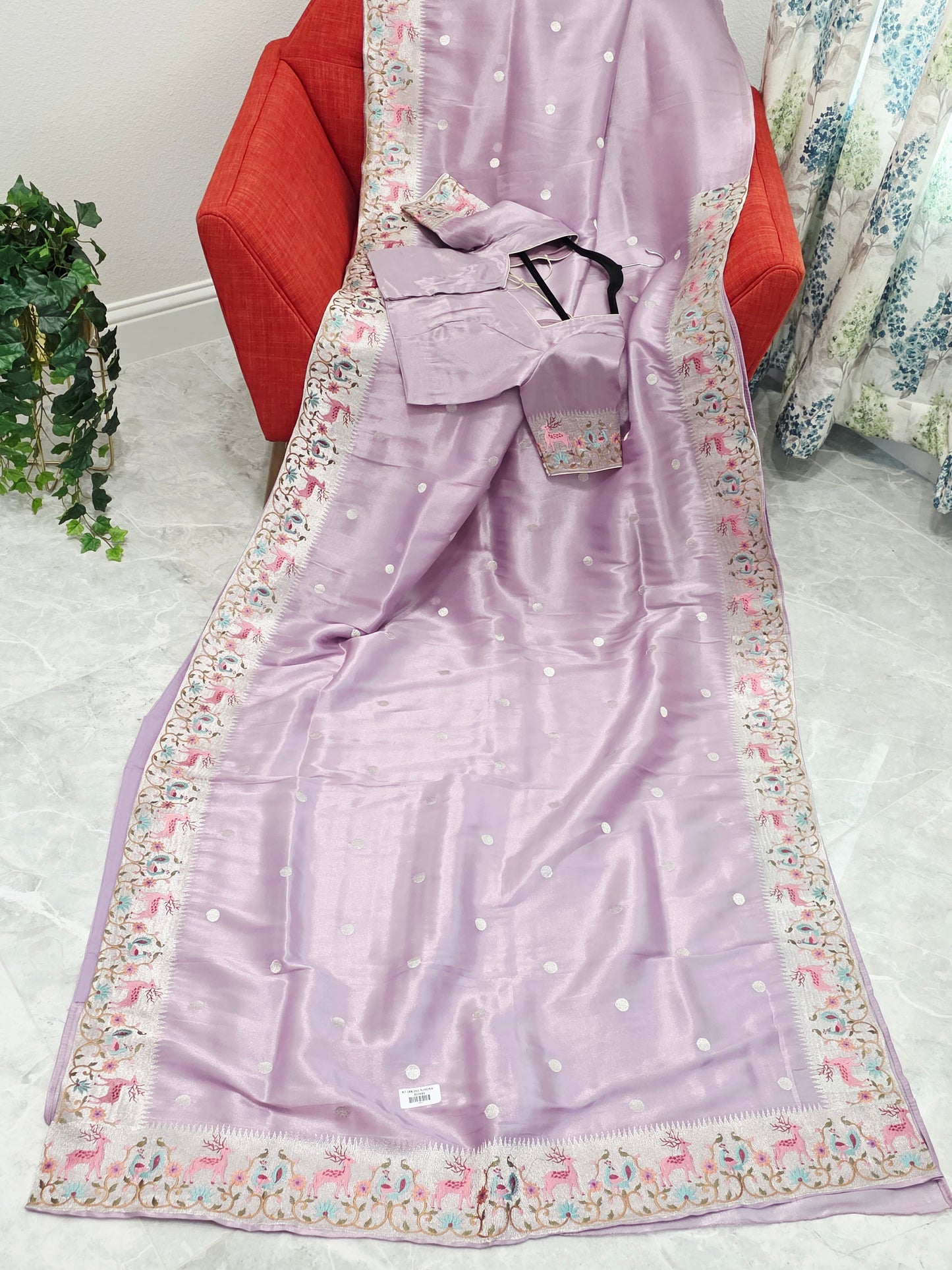Blush Lavender Soft Tissue Silk Saree With Embroidered Border Stitched Blouse