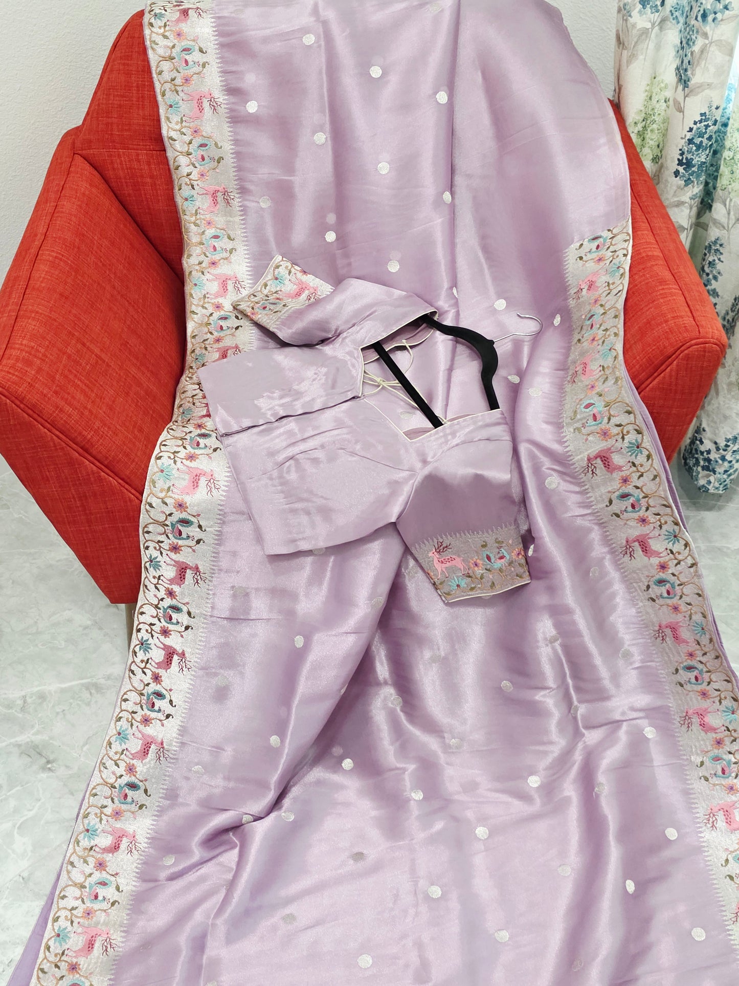 Blush Lavender Soft Tissue Silk Saree With Embroidered Border Stitched Blouse