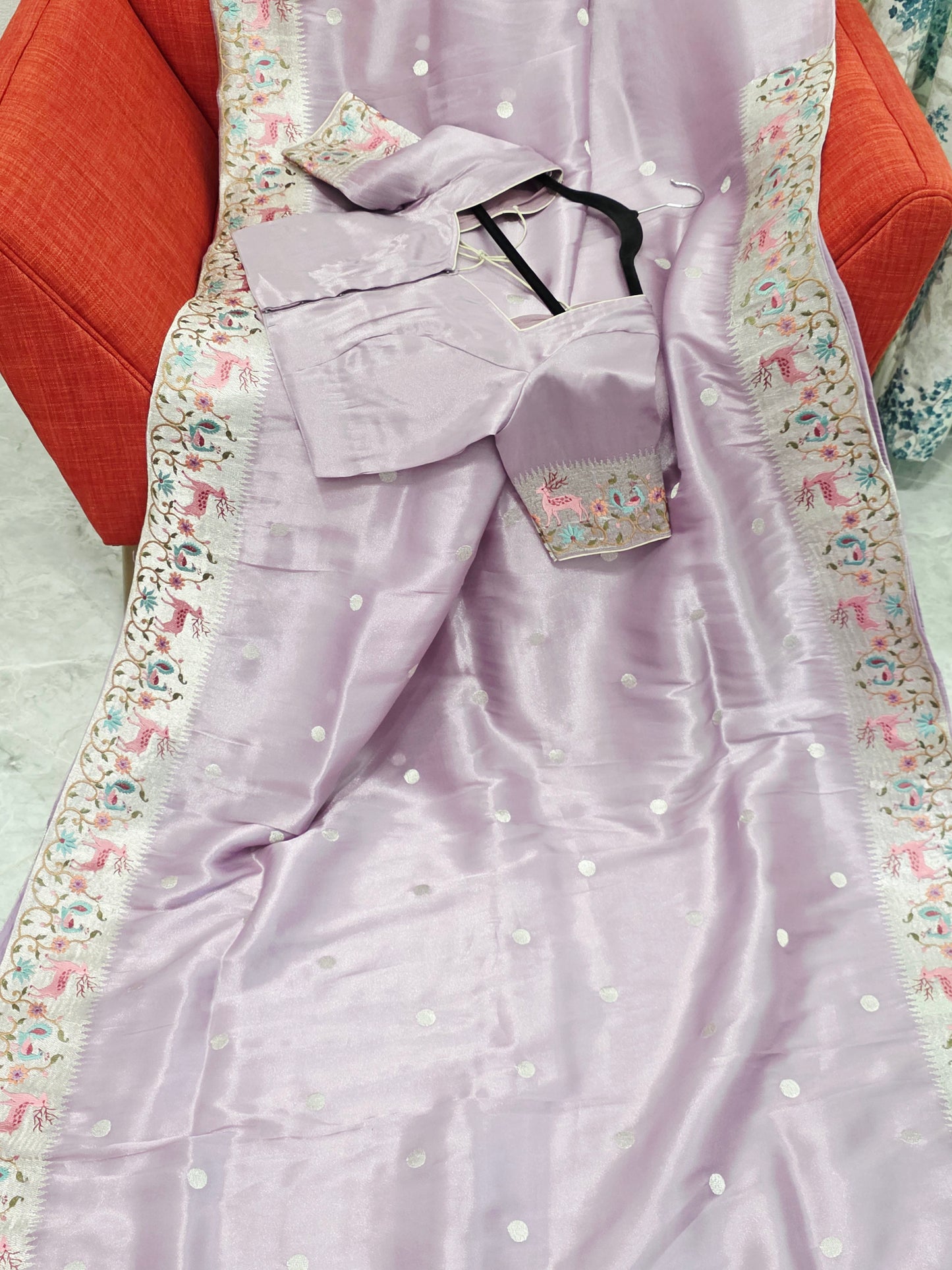 Blush Lavender Soft Tissue Silk Saree With Embroidered Border Stitched Blouse