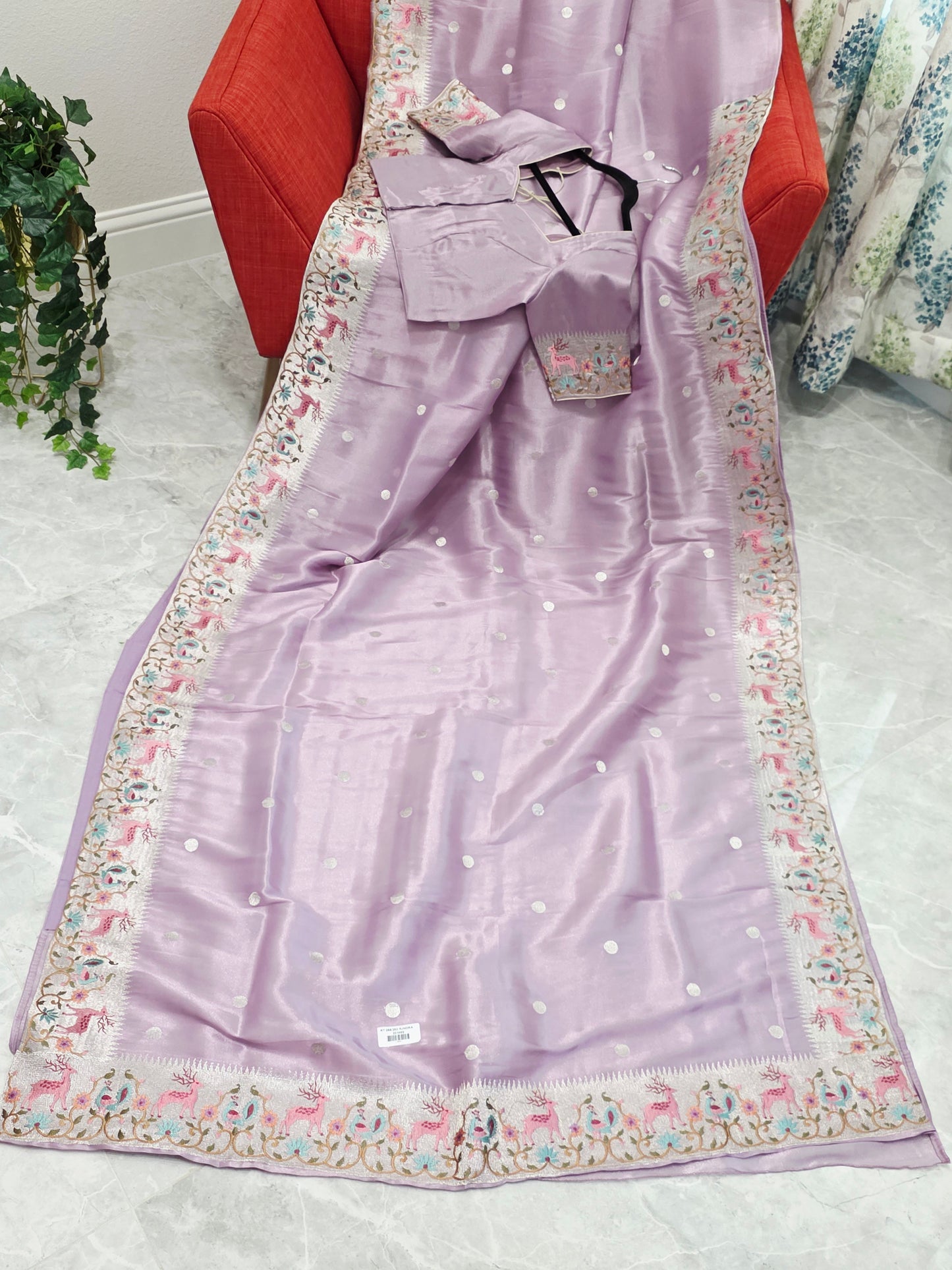 Blush Lavender Soft Tissue Silk Saree With Embroidered Border Stitched Blouse
