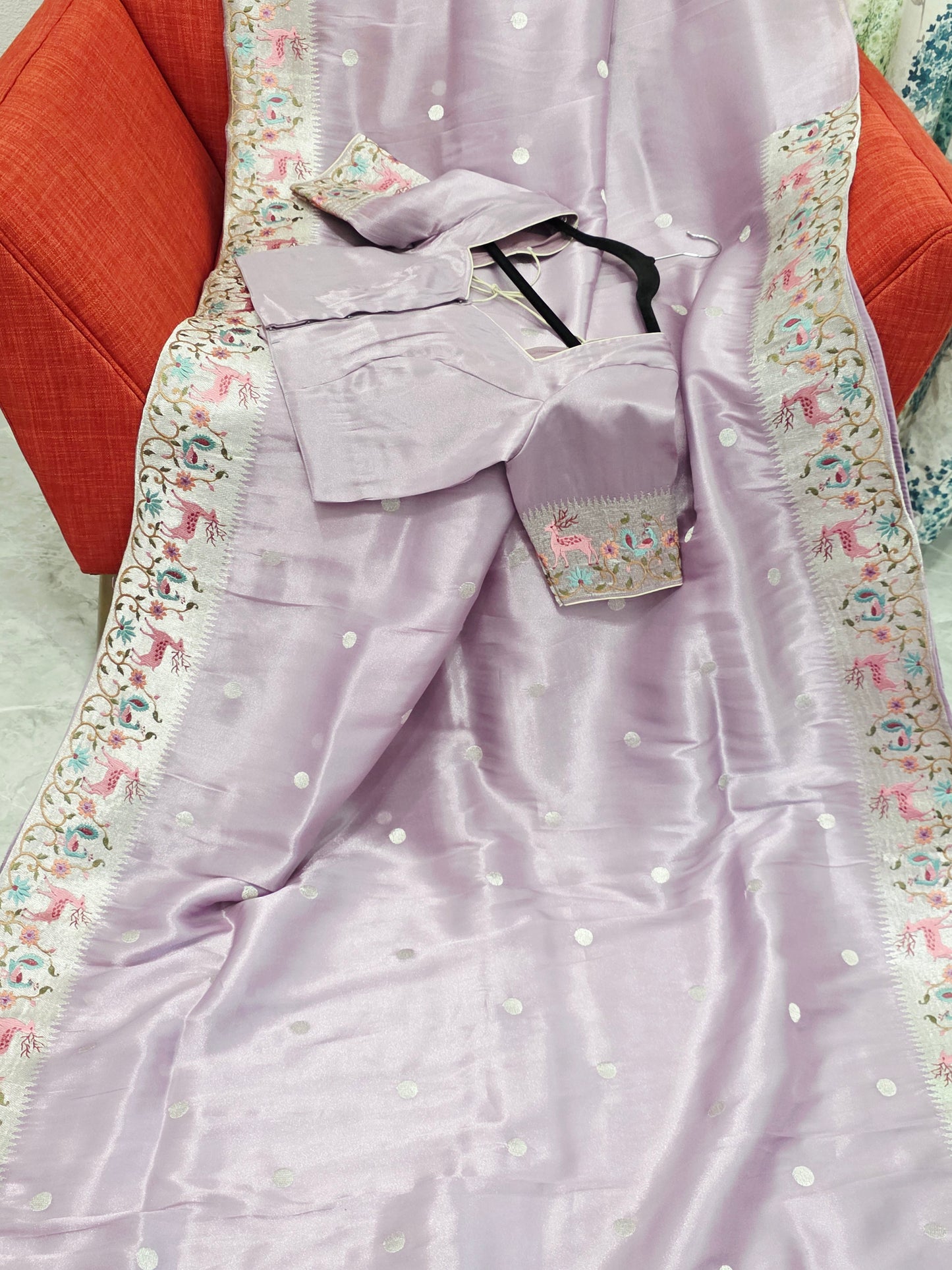Blush Lavender Soft Tissue Silk Saree With Embroidered Border Stitched Blouse