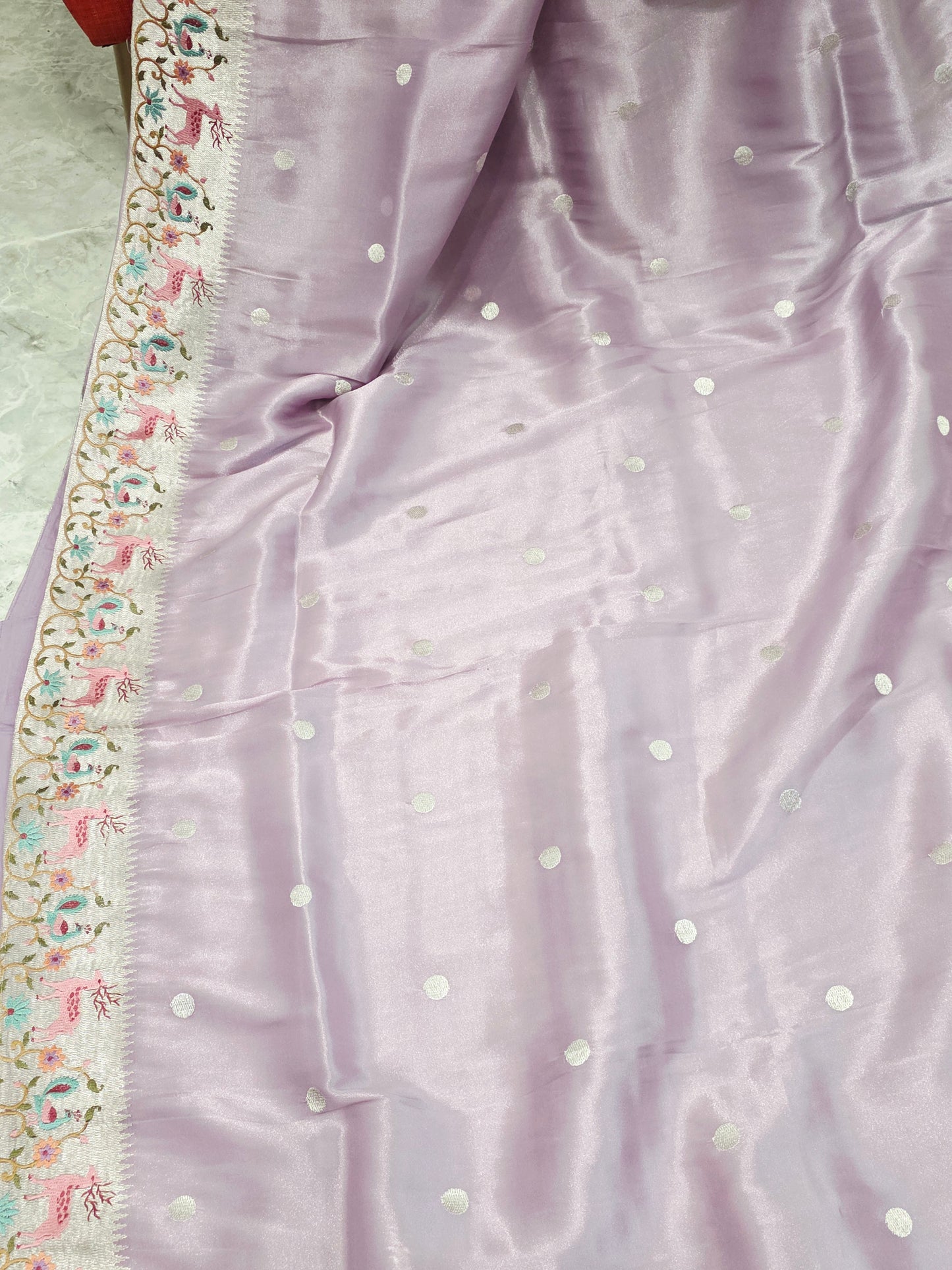 Blush Lavender Soft Tissue Silk Saree With Embroidered Border Stitched Blouse