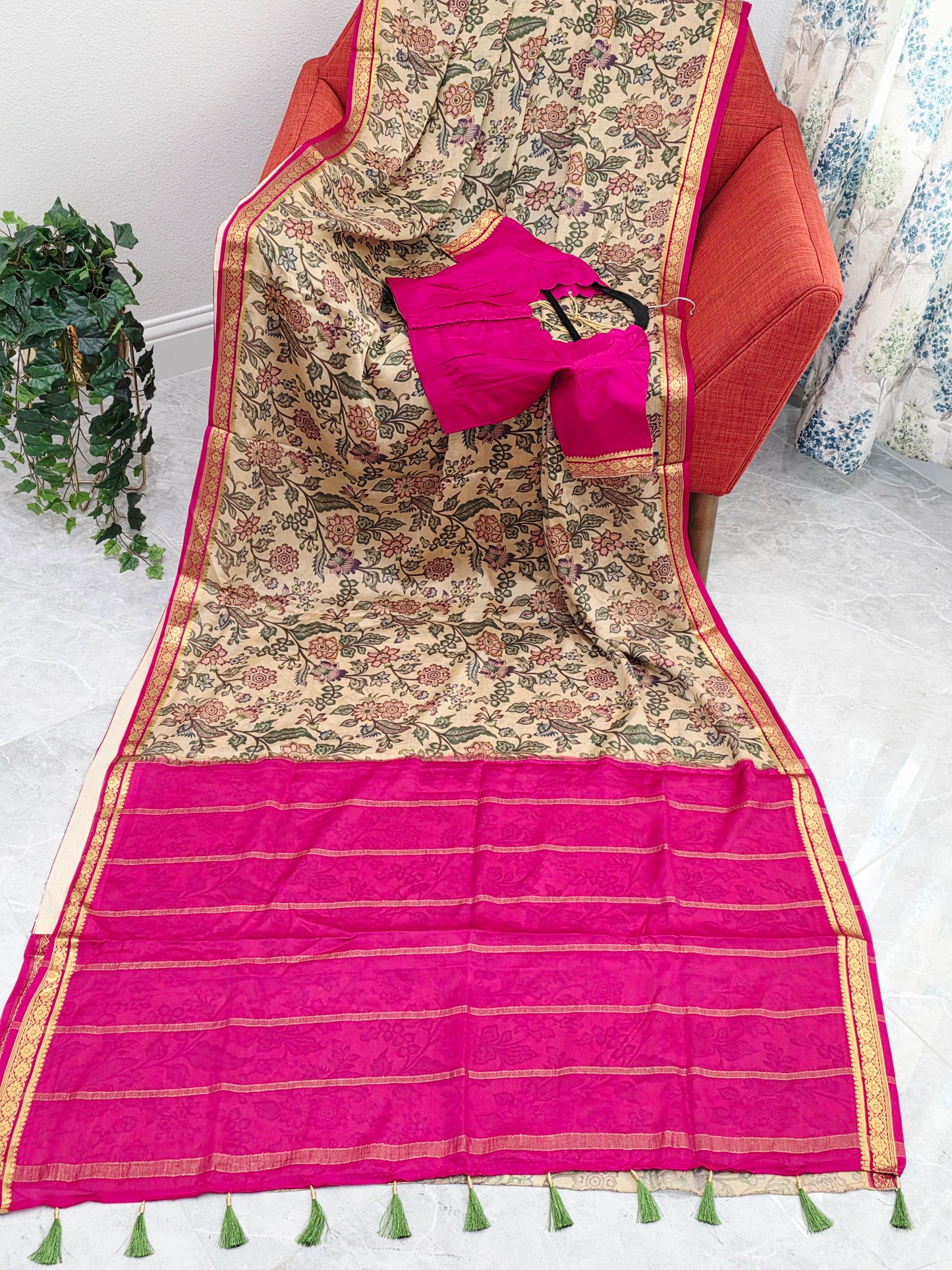 Ivory Sand & Rani Pink Pure Mysore Crepe Silk Kalamkari Print Saree With Stitched Blouse