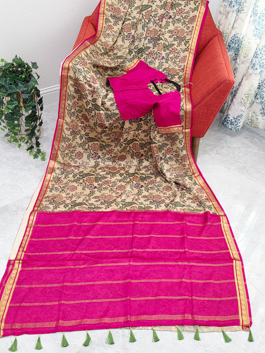 Ivory Sand & Rani Pink Pure Mysore Crepe Silk Kalamkari Print Saree With Stitched Blouse