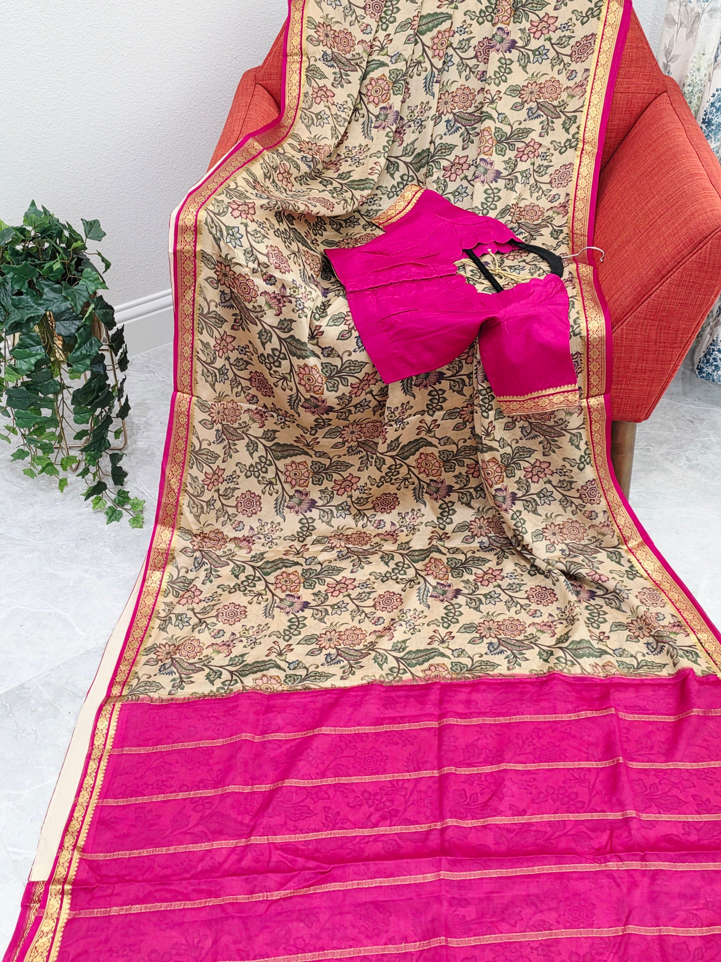 Ivory Sand & Rani Pink Pure Mysore Crepe Silk Kalamkari Print Saree With Stitched Blouse