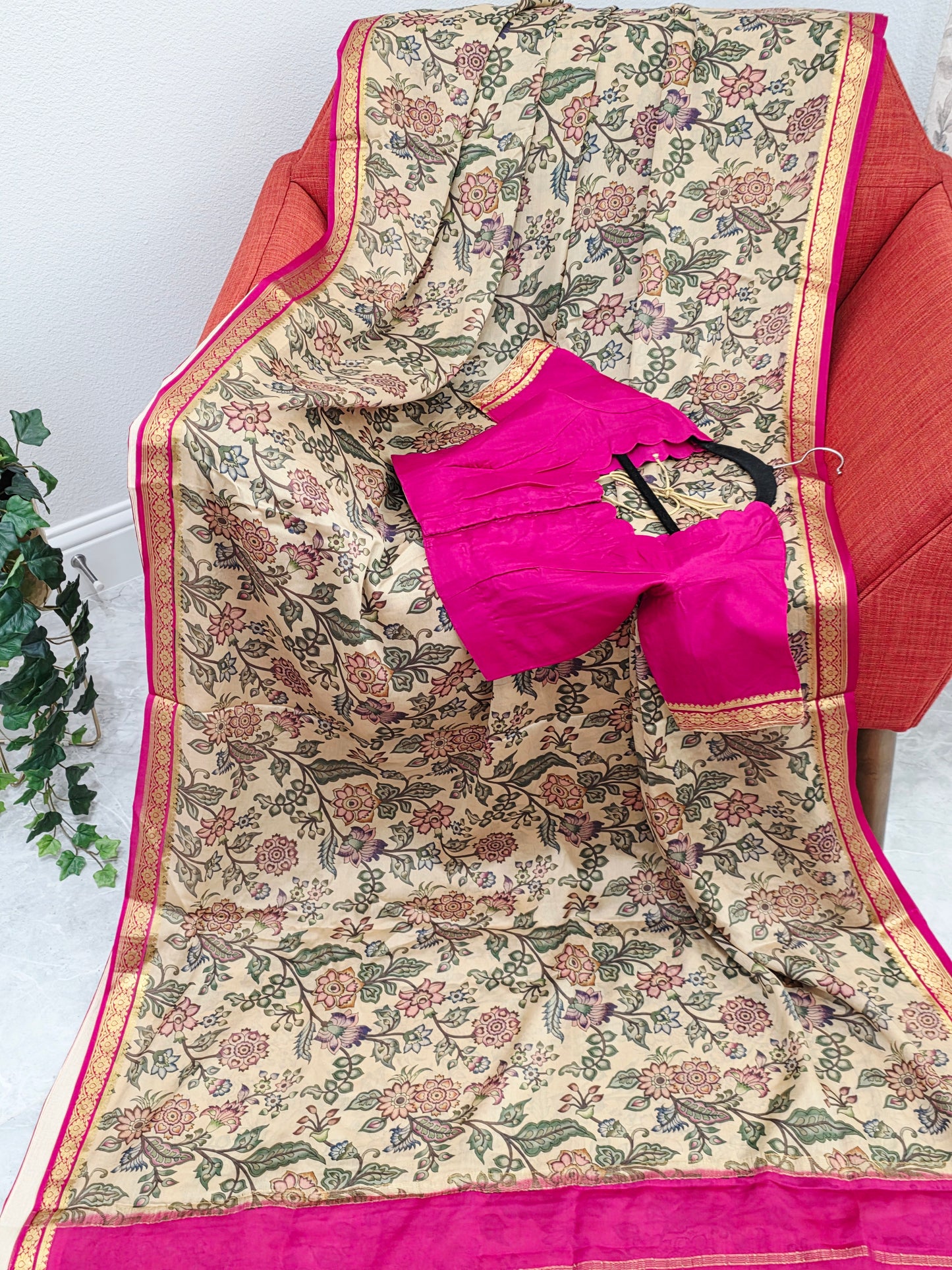 Ivory Sand & Rani Pink Pure Mysore Crepe Silk Kalamkari Print Saree With Stitched Blouse