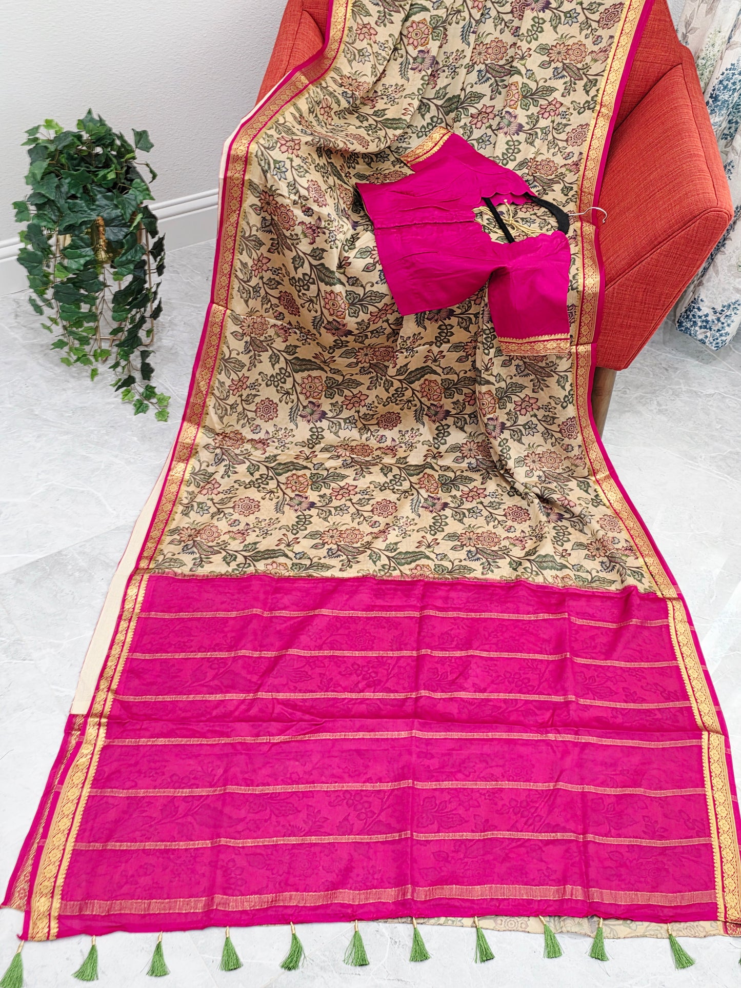 Ivory Sand & Rani Pink Pure Mysore Crepe Silk Kalamkari Print Saree With Stitched Blouse