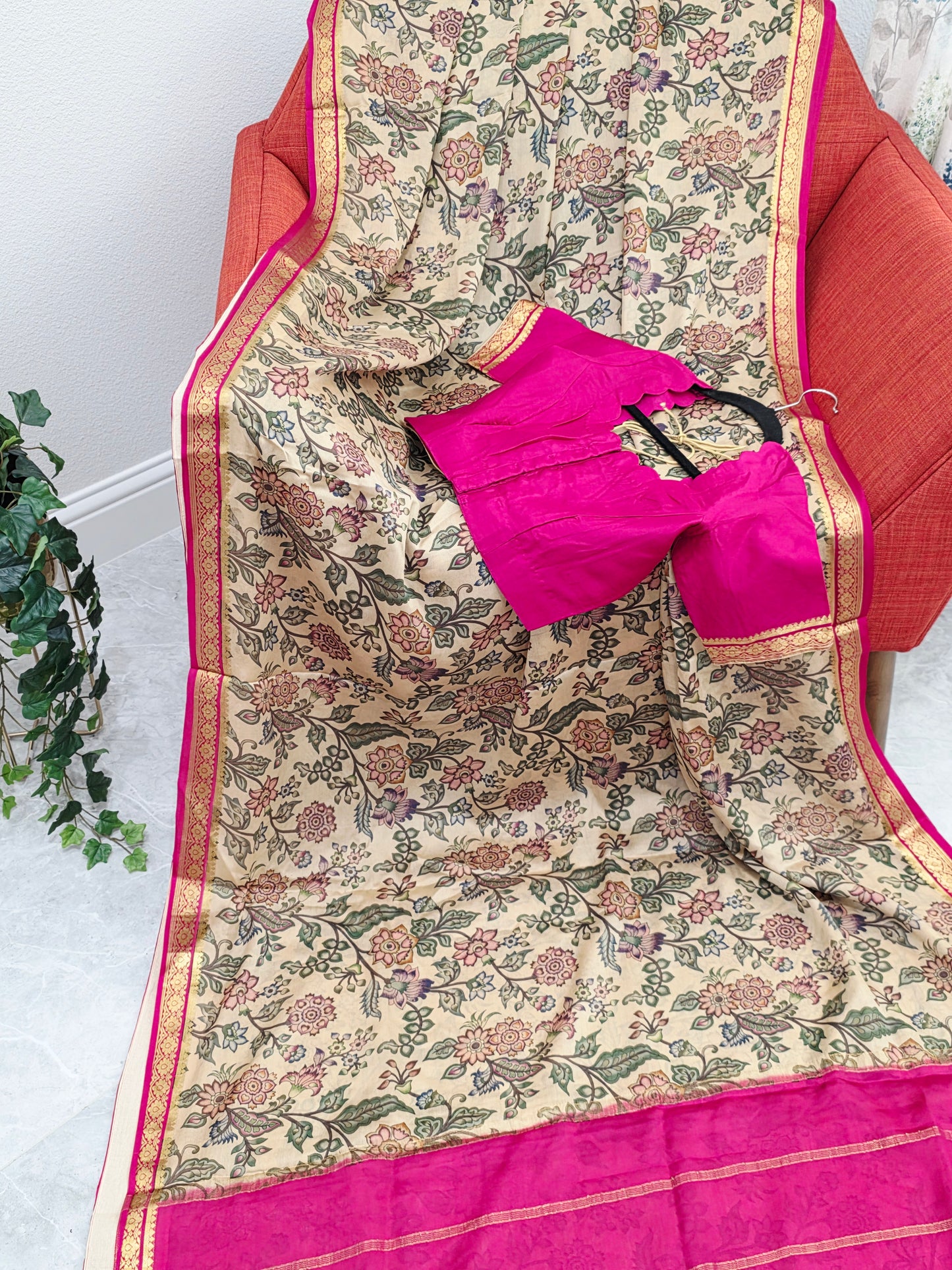 Ivory Sand & Rani Pink Pure Mysore Crepe Silk Kalamkari Print Saree With Stitched Blouse
