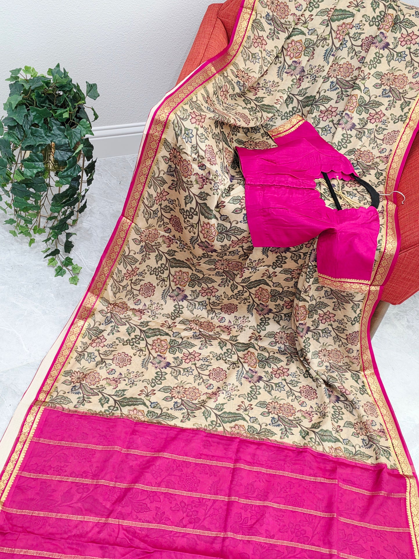 Ivory Sand & Rani Pink Pure Mysore Crepe Silk Kalamkari Print Saree With Stitched Blouse