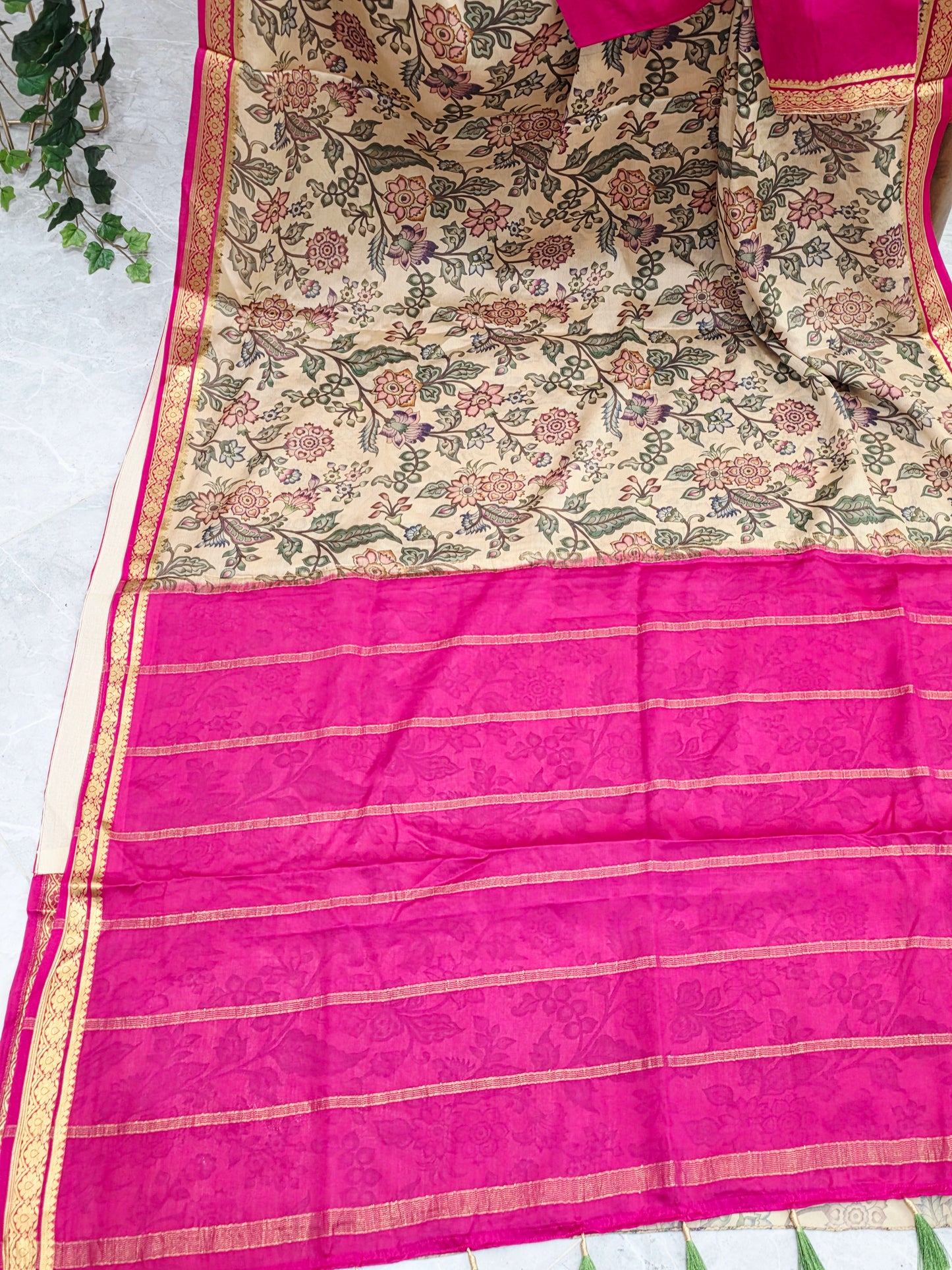 Ivory Sand & Rani Pink Pure Mysore Crepe Silk Kalamkari Print Saree With Stitched Blouse