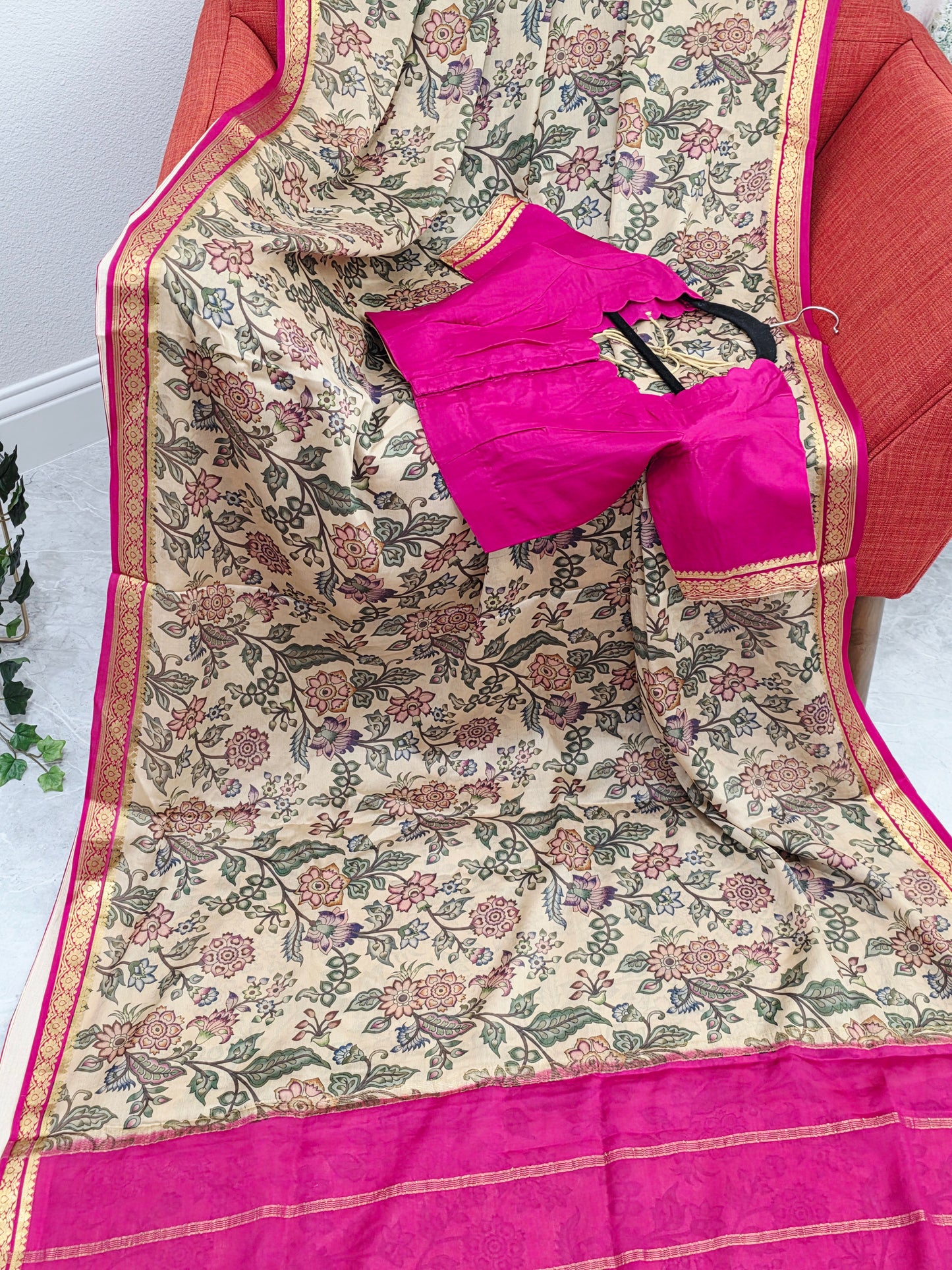 Ivory Sand & Rani Pink Pure Mysore Crepe Silk Kalamkari Print Saree With Stitched Blouse