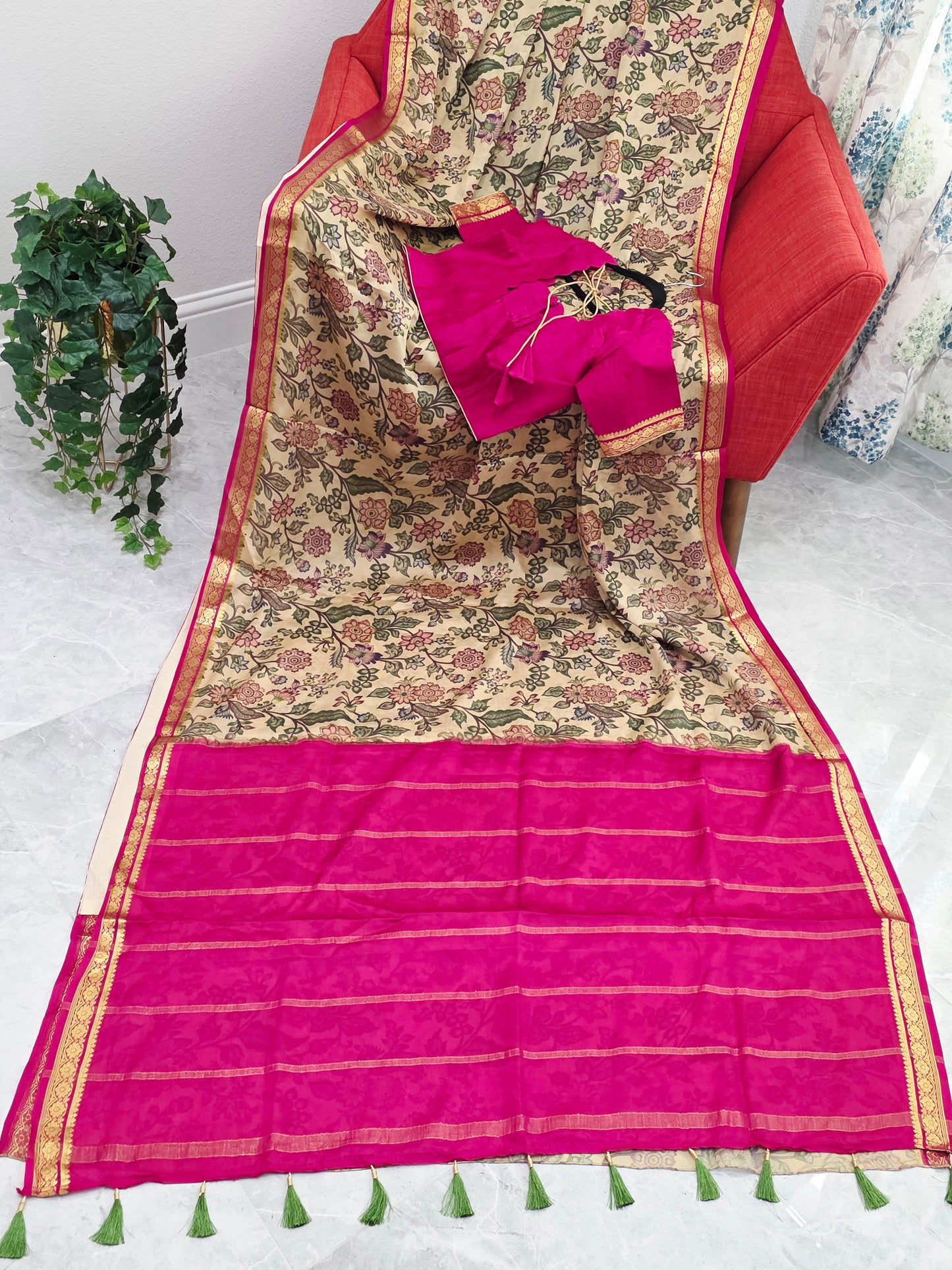 Ivory Sand & Rani Pink Pure Mysore Crepe Silk Kalamkari Print Saree With Stitched Blouse