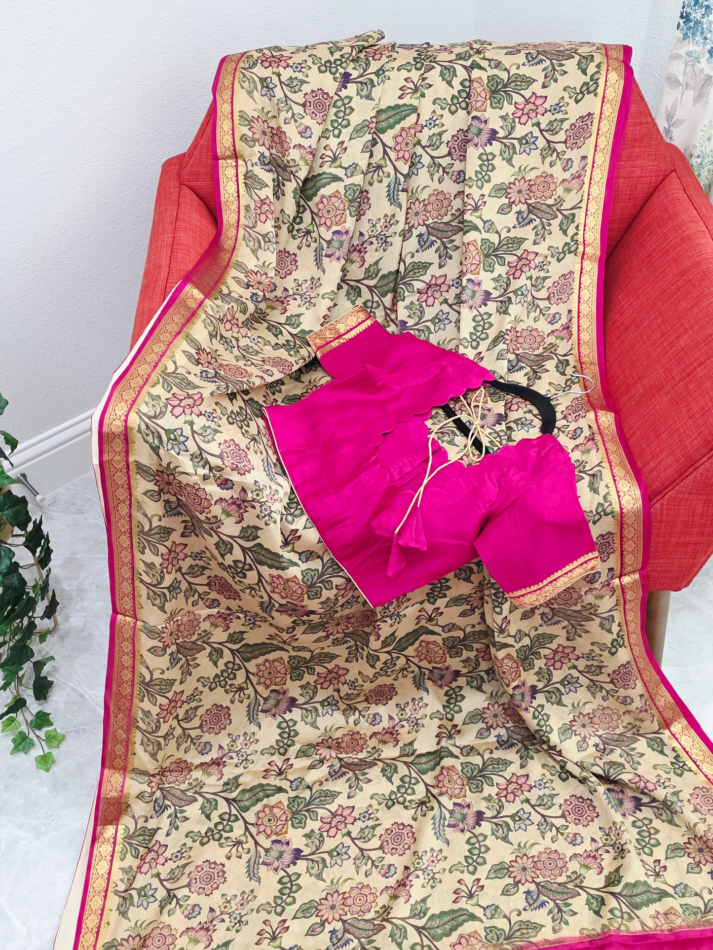 Ivory Sand & Rani Pink Pure Mysore Crepe Silk Kalamkari Print Saree With Stitched Blouse