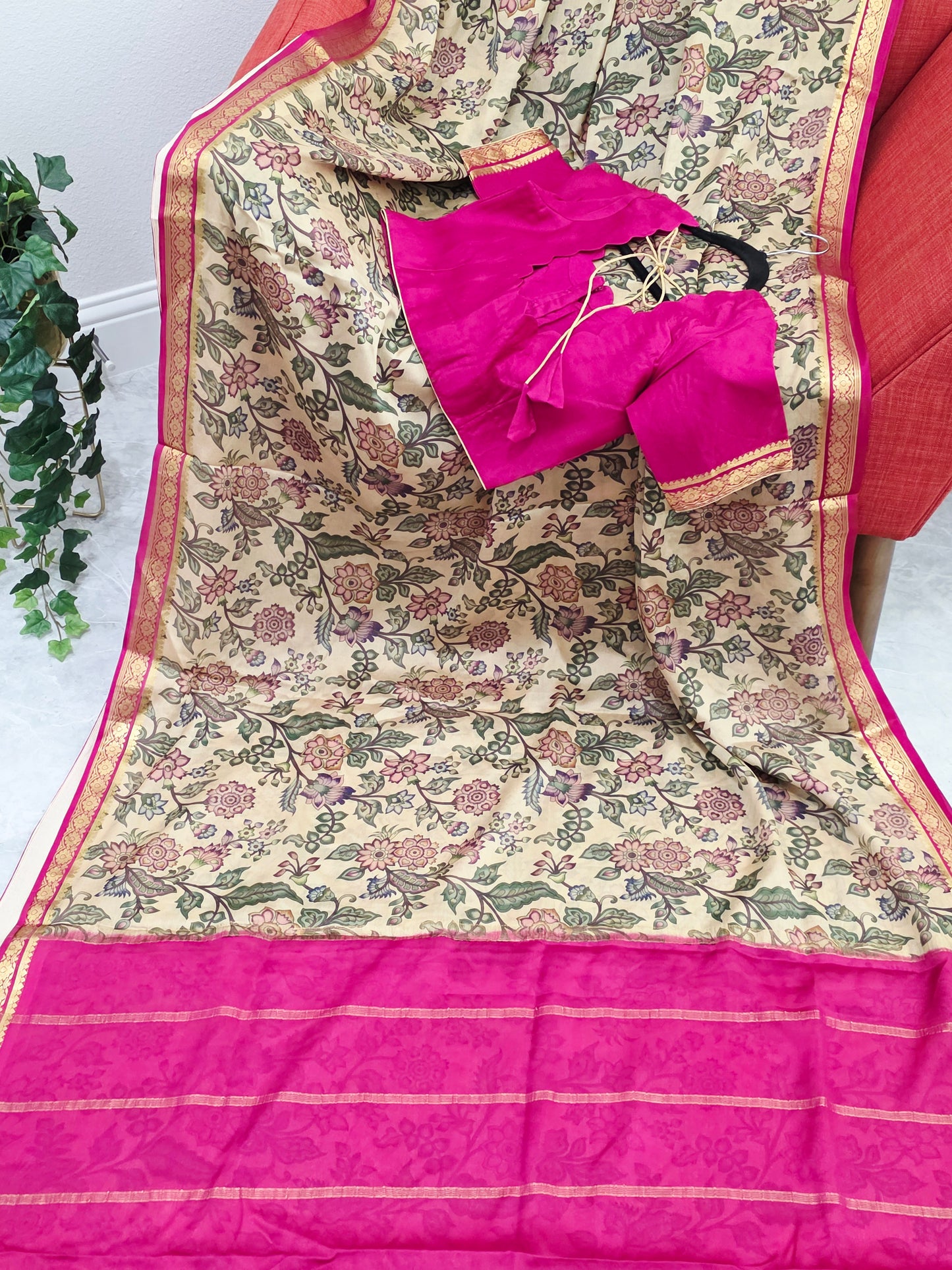 Ivory Sand & Rani Pink Pure Mysore Crepe Silk Kalamkari Print Saree With Stitched Blouse