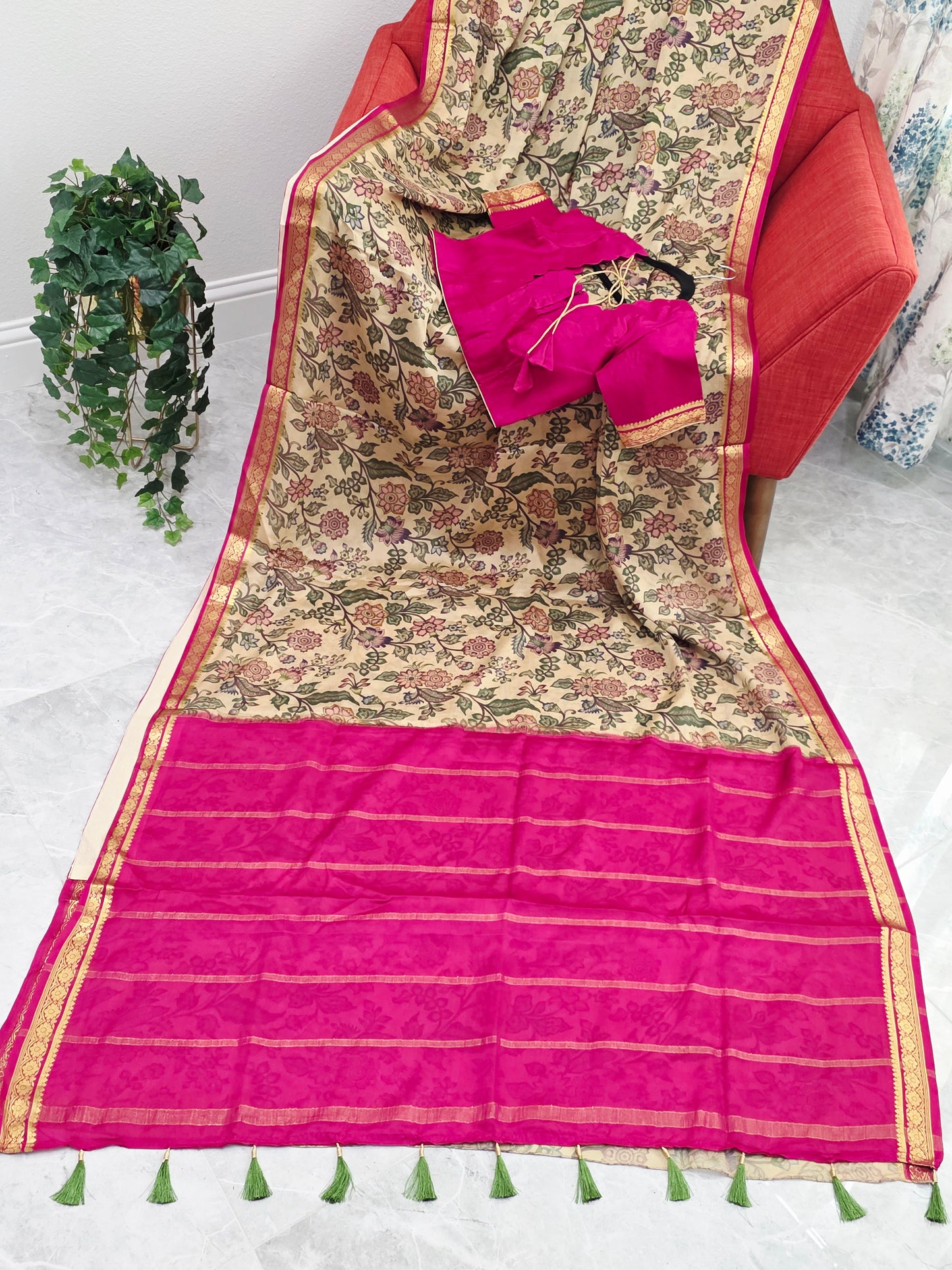 Ivory Sand & Rani Pink Pure Mysore Crepe Silk Kalamkari Print Saree With Stitched Blouse
