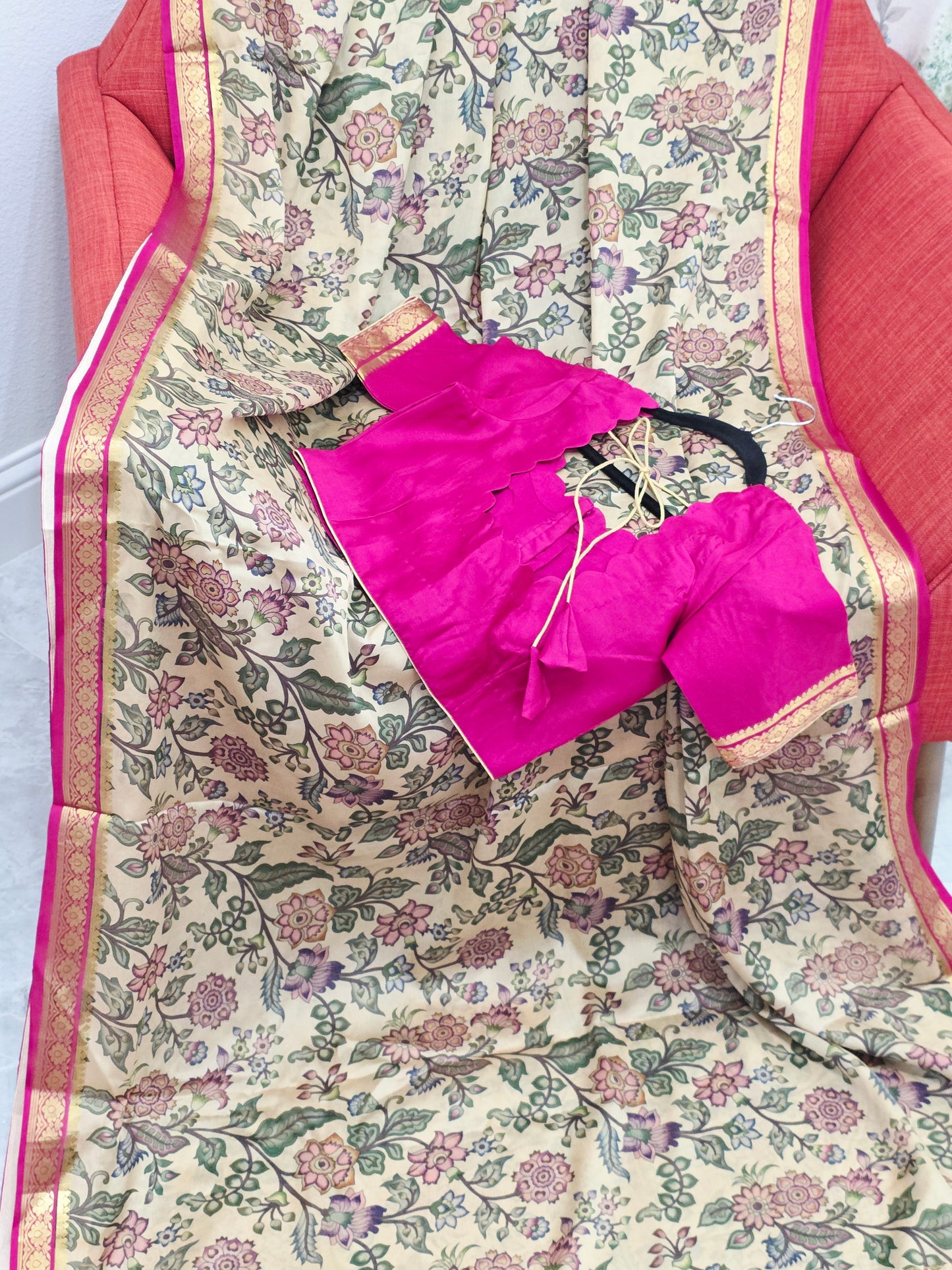 Ivory Sand & Rani Pink Pure Mysore Crepe Silk Kalamkari Print Saree With Stitched Blouse