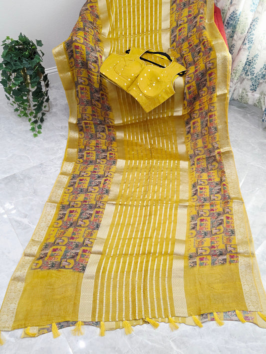 Golden Mustard Heritage Georgette Crepe Silk Saree with Stitched Blouse