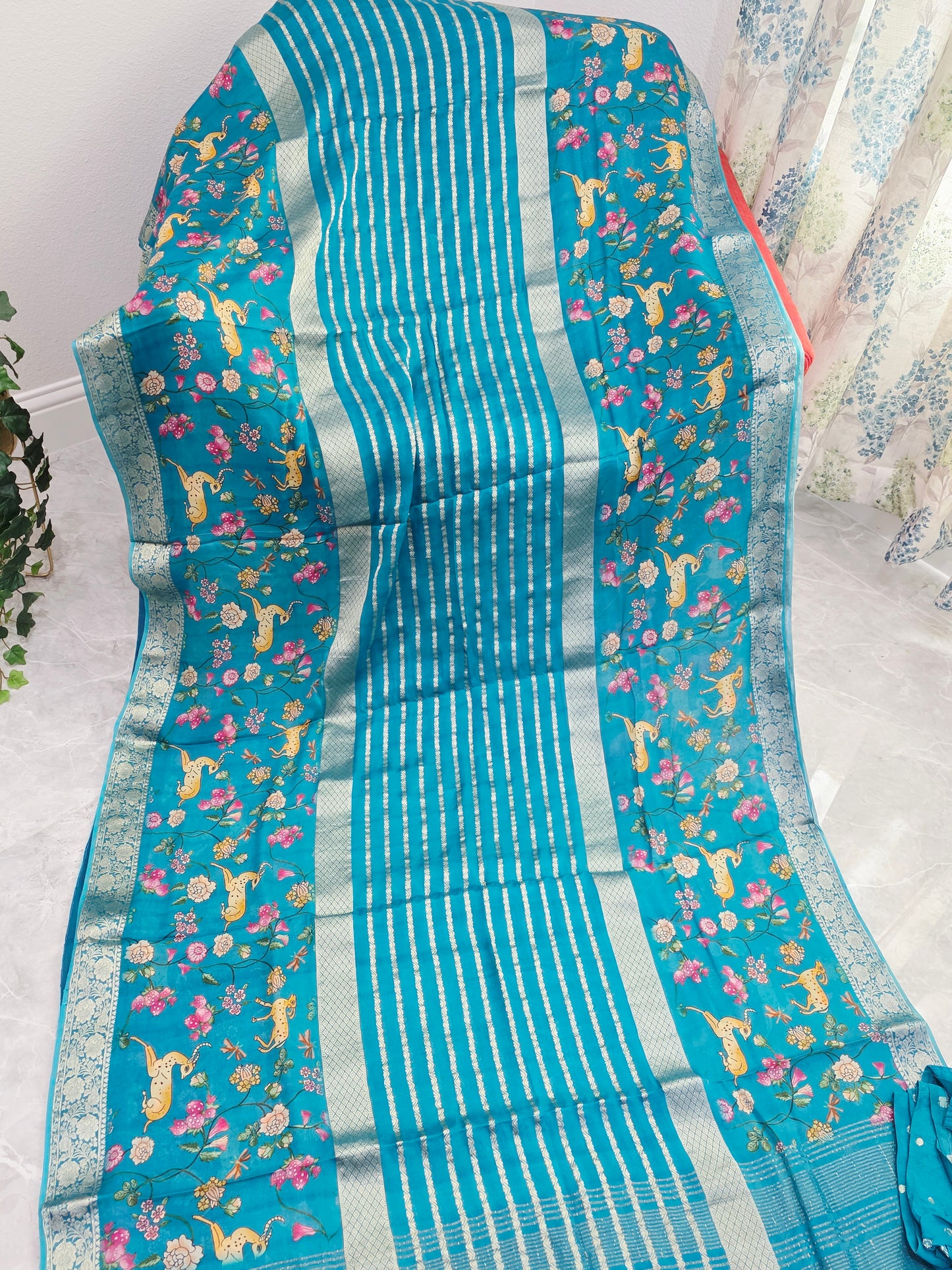 Turquoise Bloom Designer Georgette Crepe Silk Saree with Unstitched Blouse