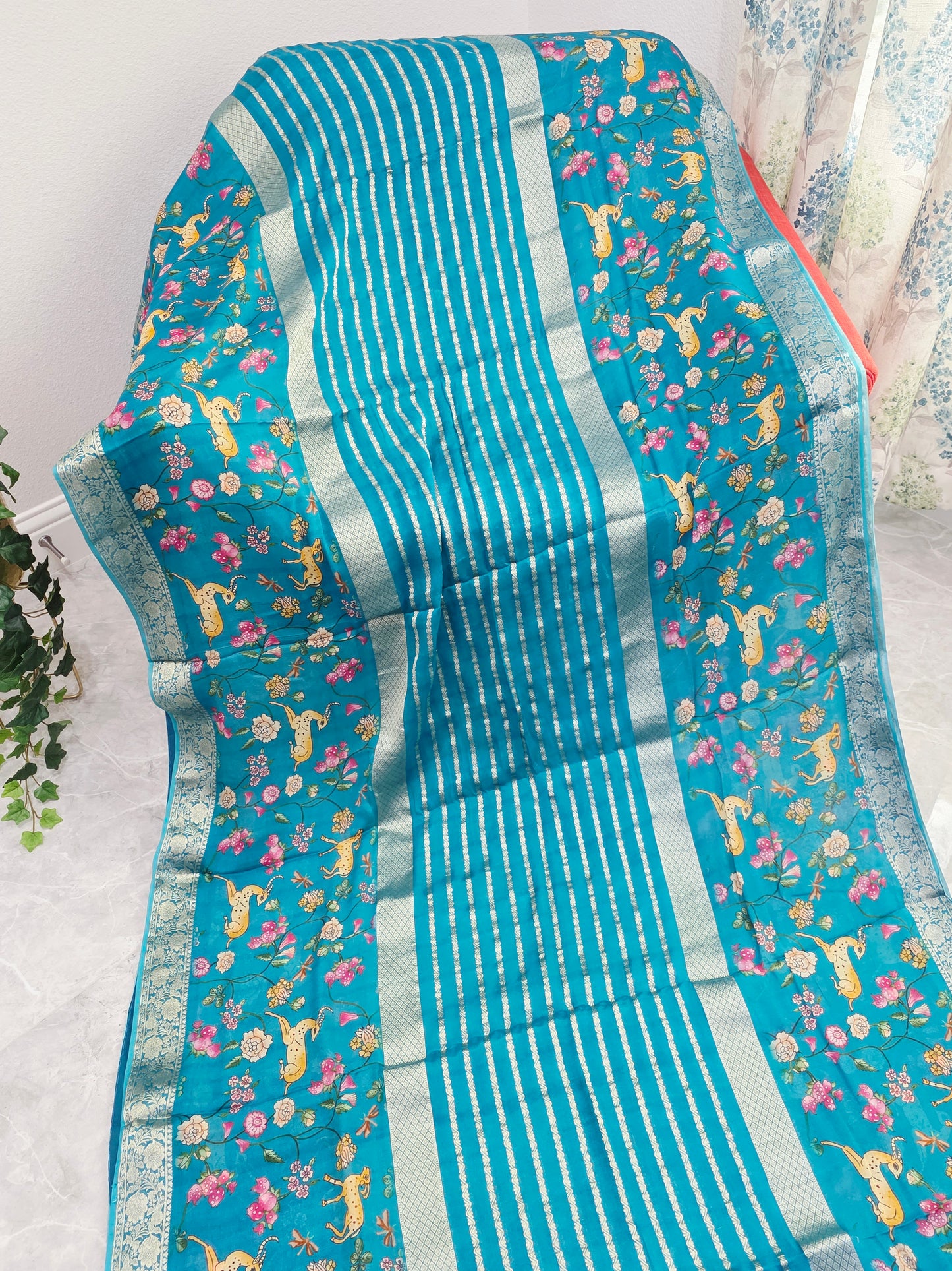 Turquoise Bloom Designer Georgette Crepe Silk Saree with Unstitched Blouse