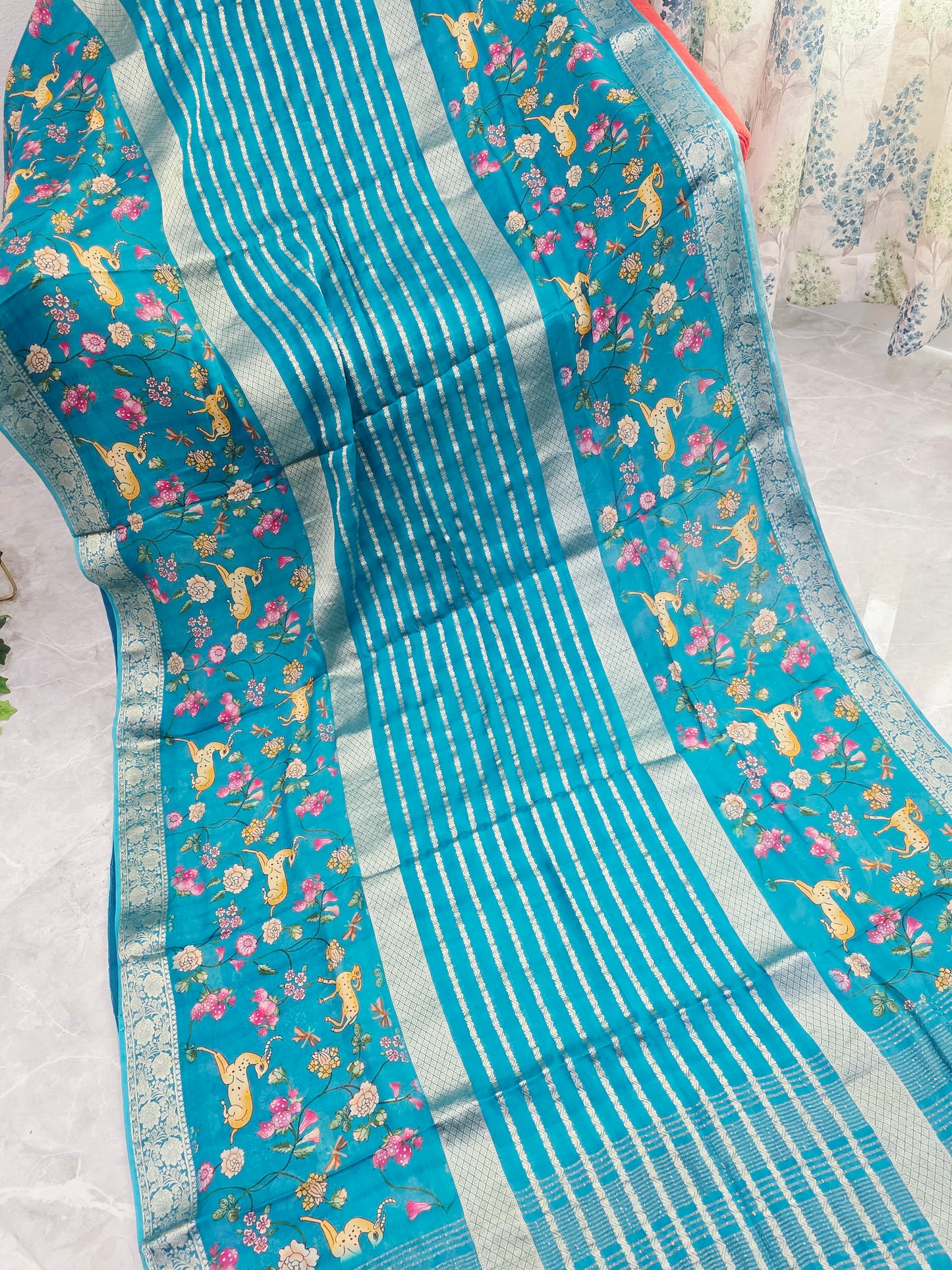 Turquoise Bloom Designer Georgette Crepe Silk Saree with Unstitched Blouse