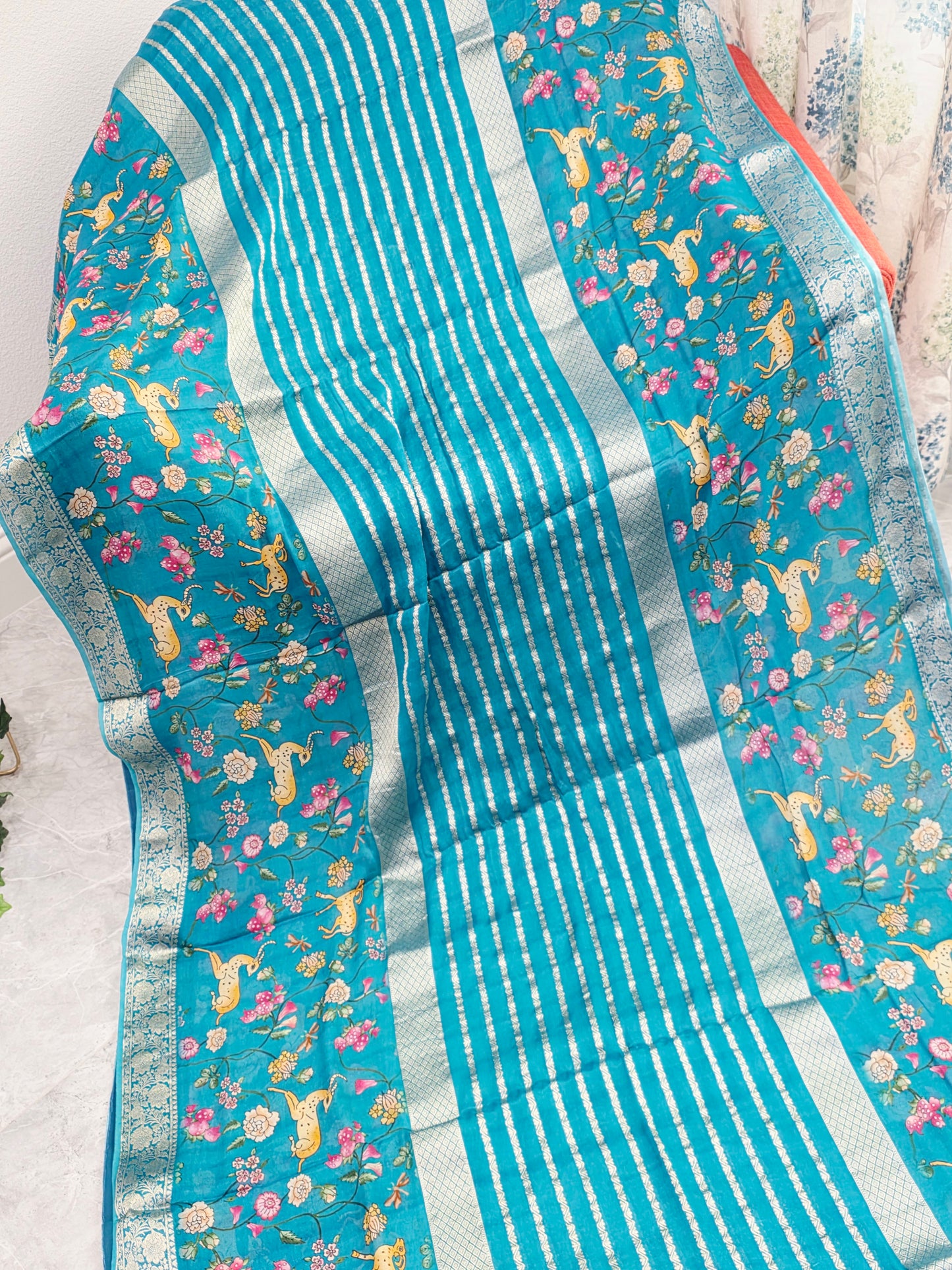 Turquoise Bloom Designer Georgette Crepe Silk Saree with Unstitched Blouse