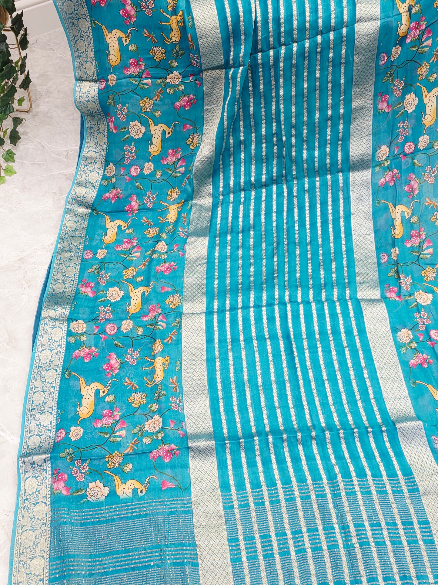 Turquoise Bloom Designer Georgette Crepe Silk Saree with Unstitched Blouse