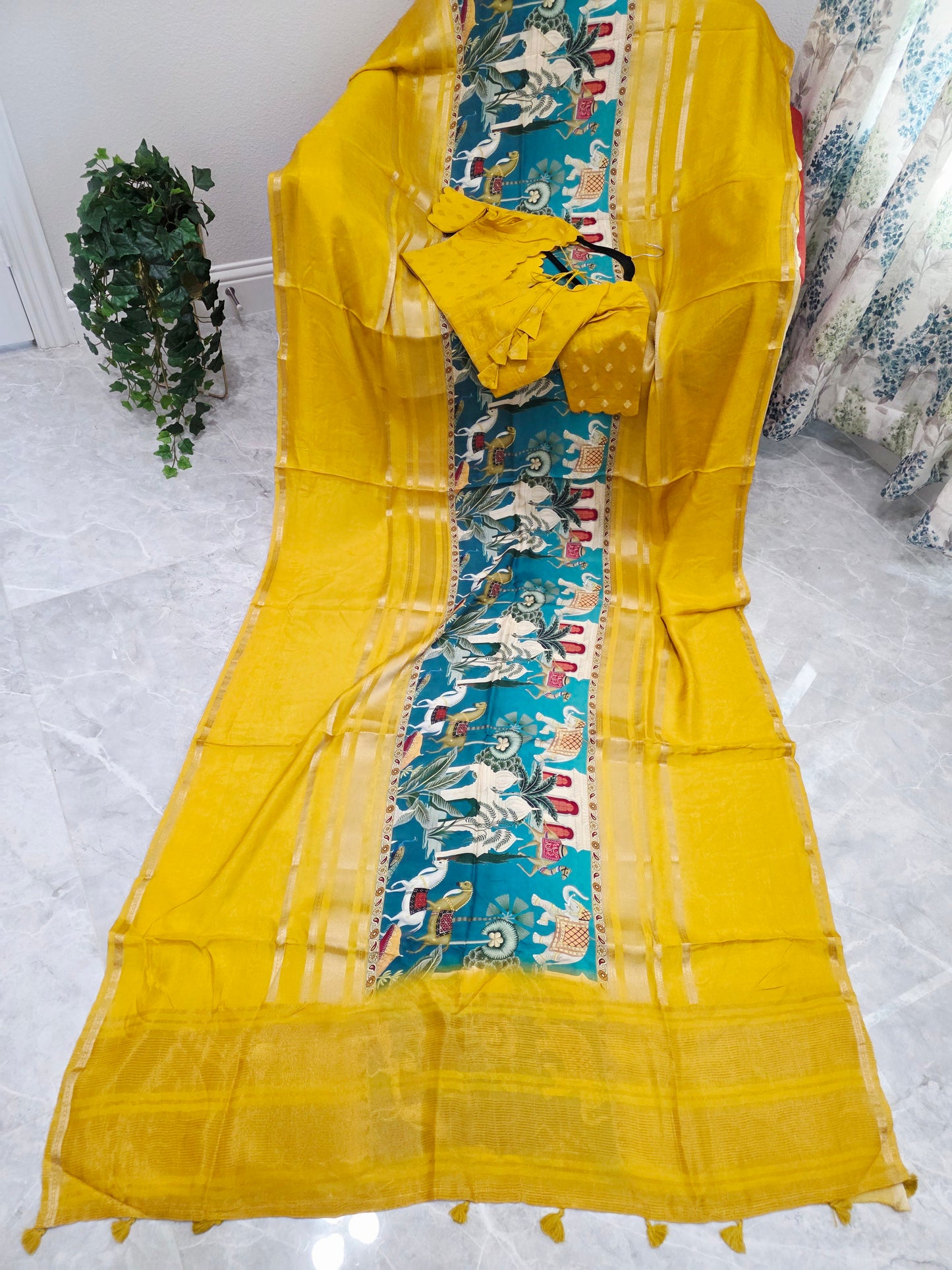Sunlit Mustard Heritage Crepe Silk Saree with Stitched Blouse