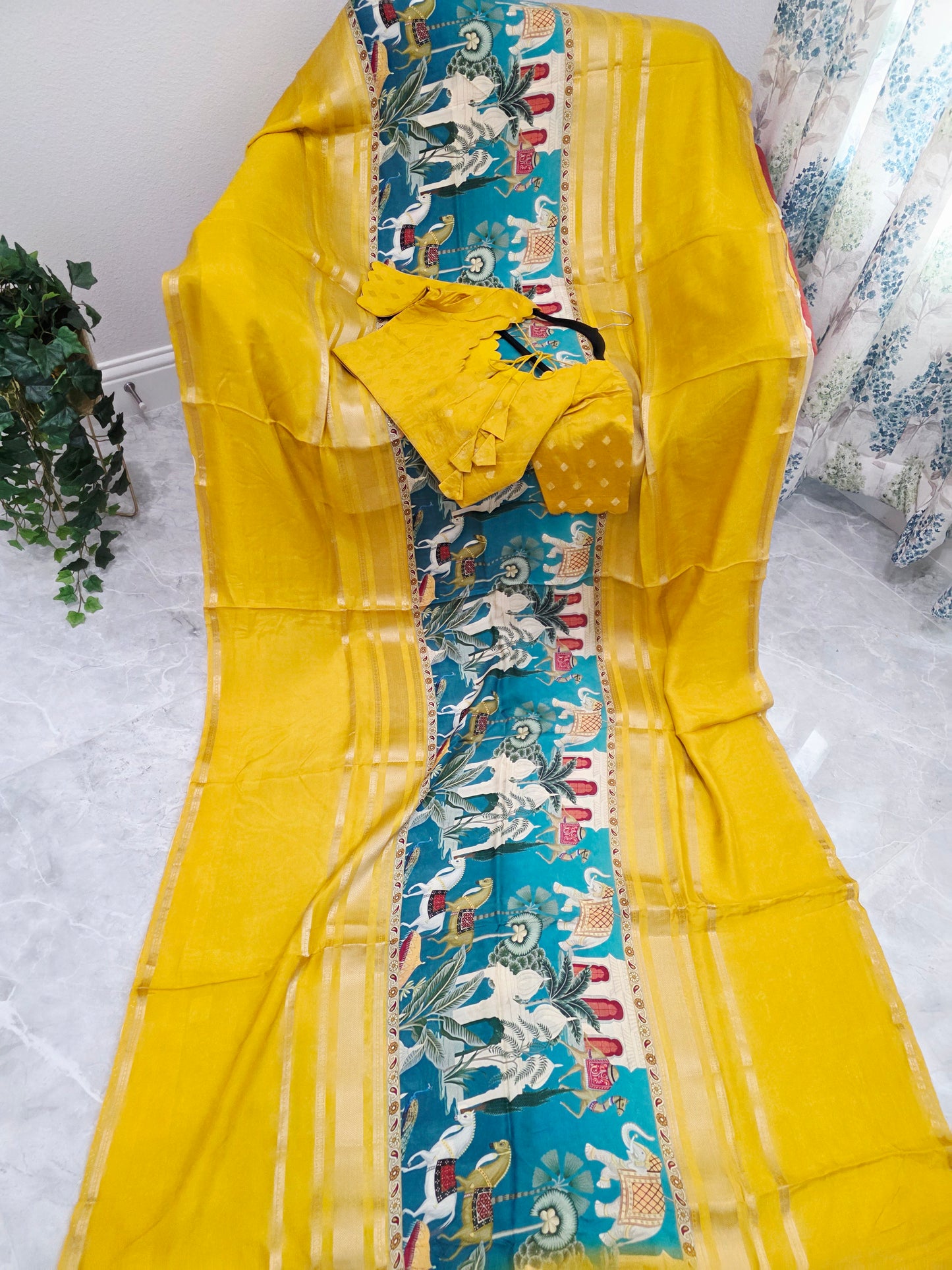 Sunlit Mustard Heritage Crepe Silk Saree with Stitched Blouse