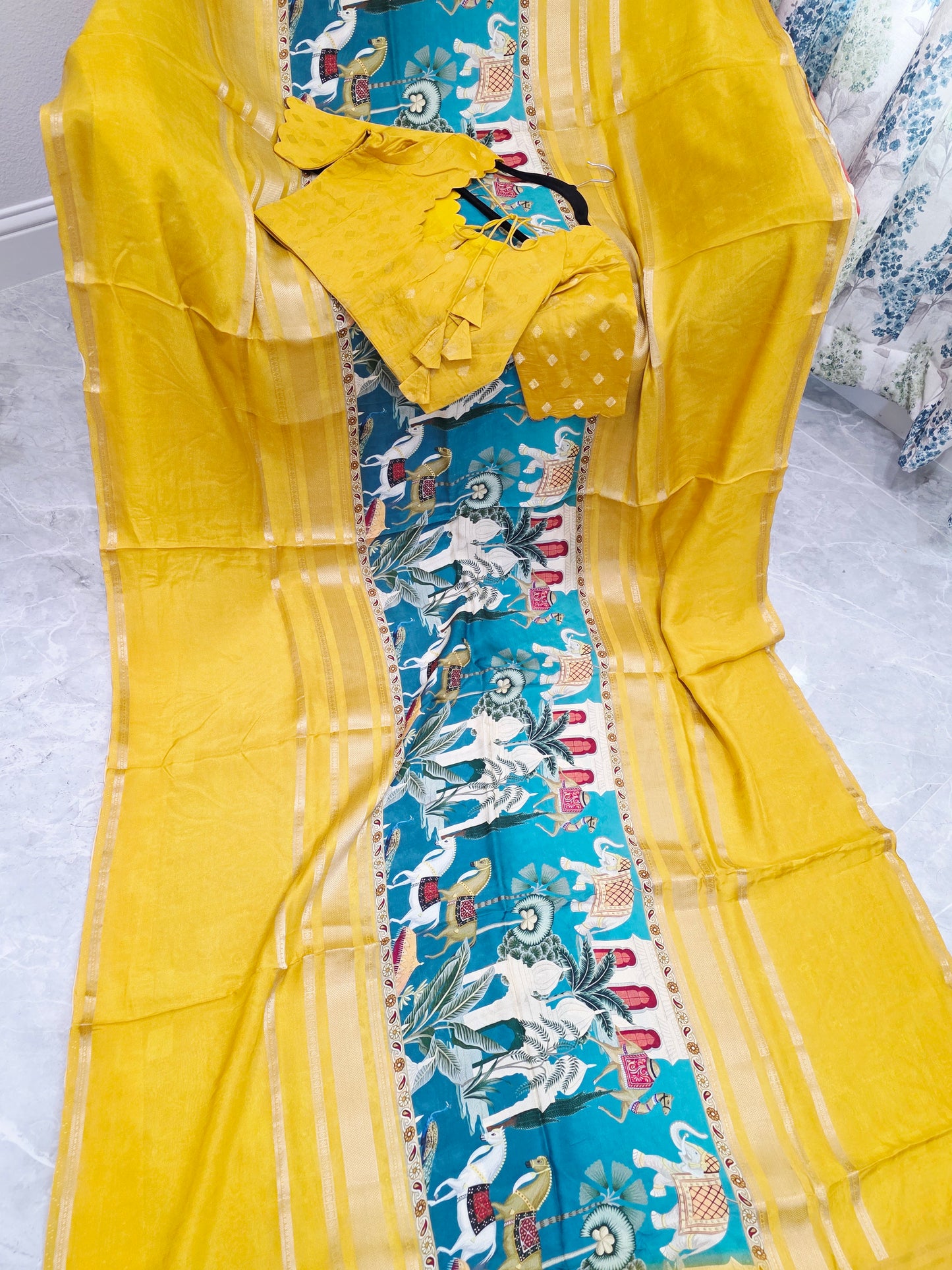 Sunlit Mustard Heritage Crepe Silk Saree with Stitched Blouse