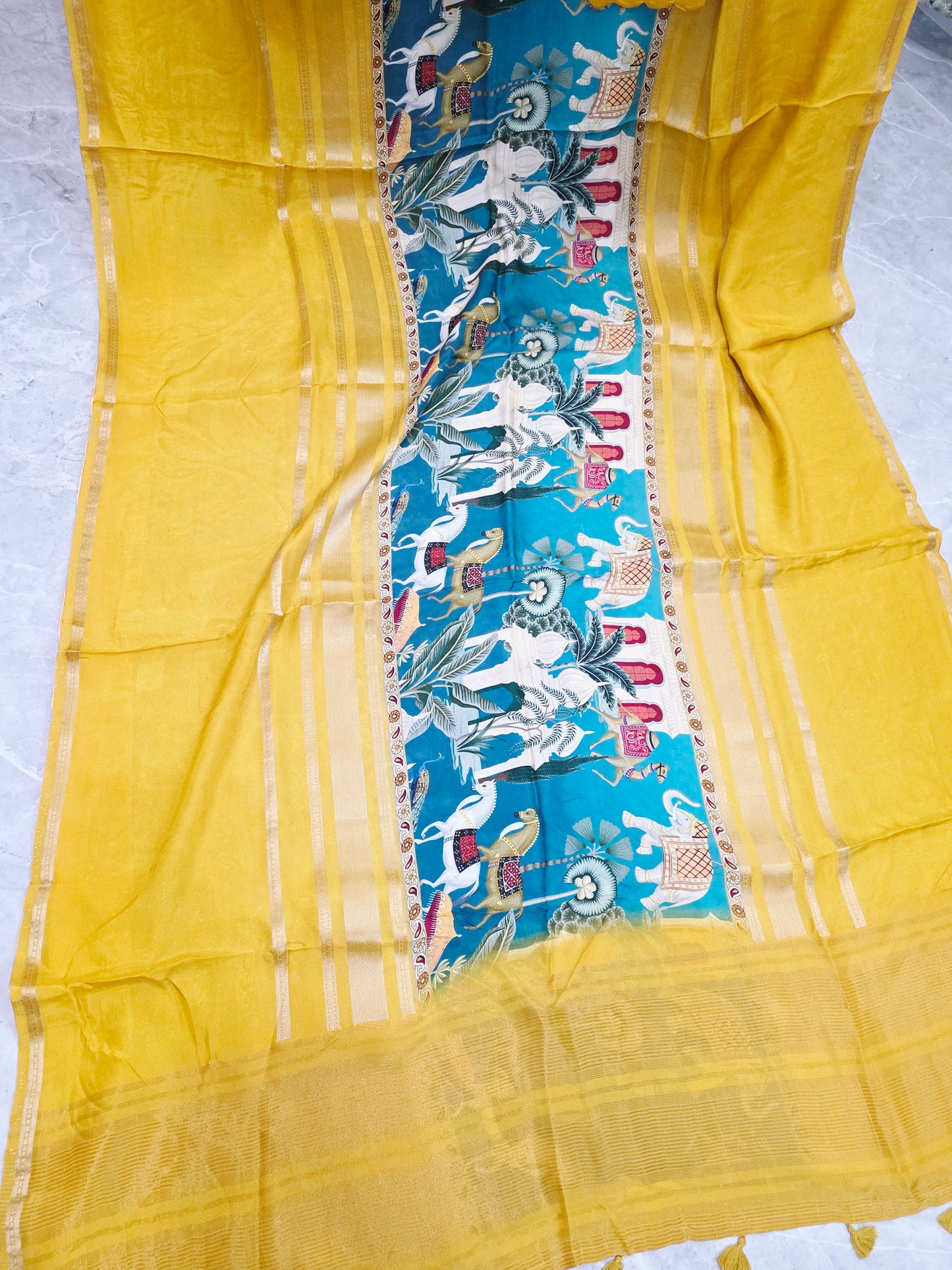 Sunlit Mustard Heritage Crepe Silk Saree with Stitched Blouse