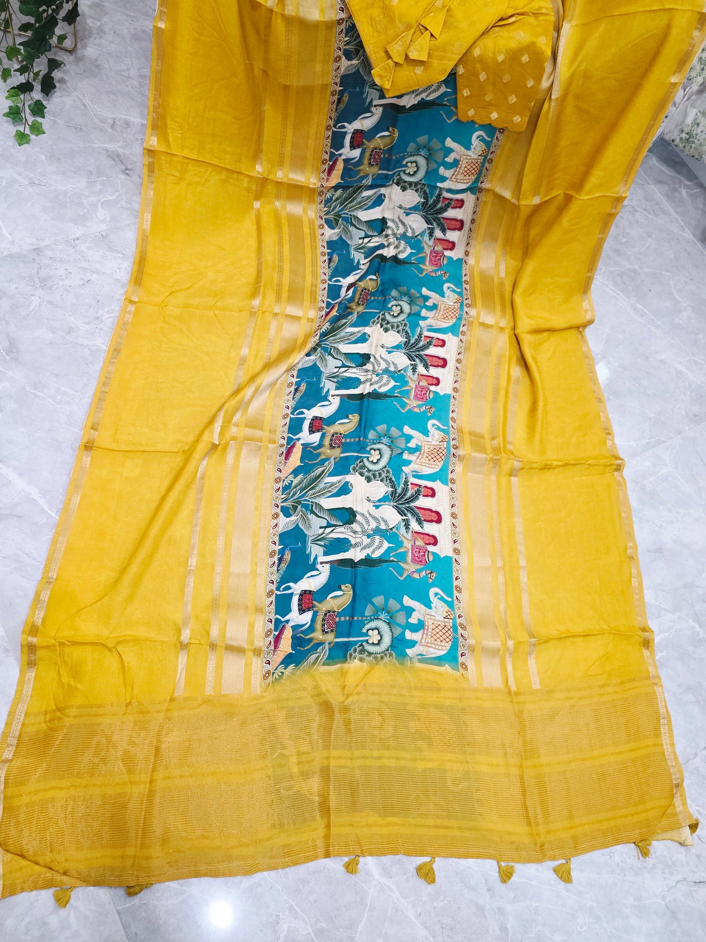 Sunlit Mustard Heritage Crepe Silk Saree with Stitched Blouse