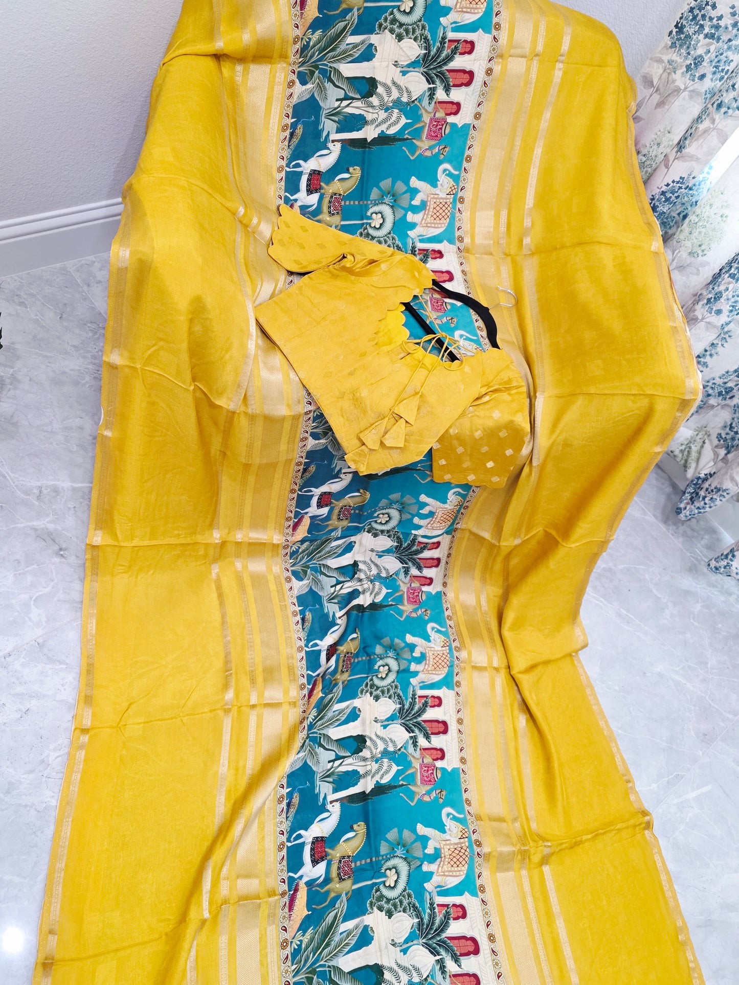 Sunlit Mustard Heritage Crepe Silk Saree with Stitched Blouse