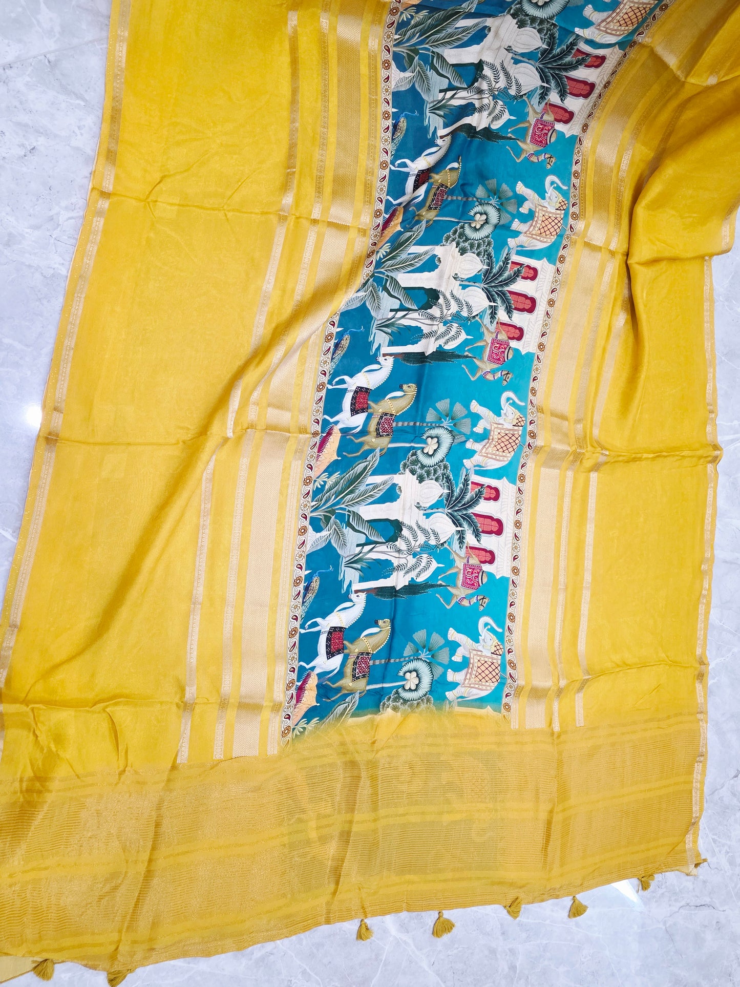 Sunlit Mustard Heritage Crepe Silk Saree with Stitched Blouse
