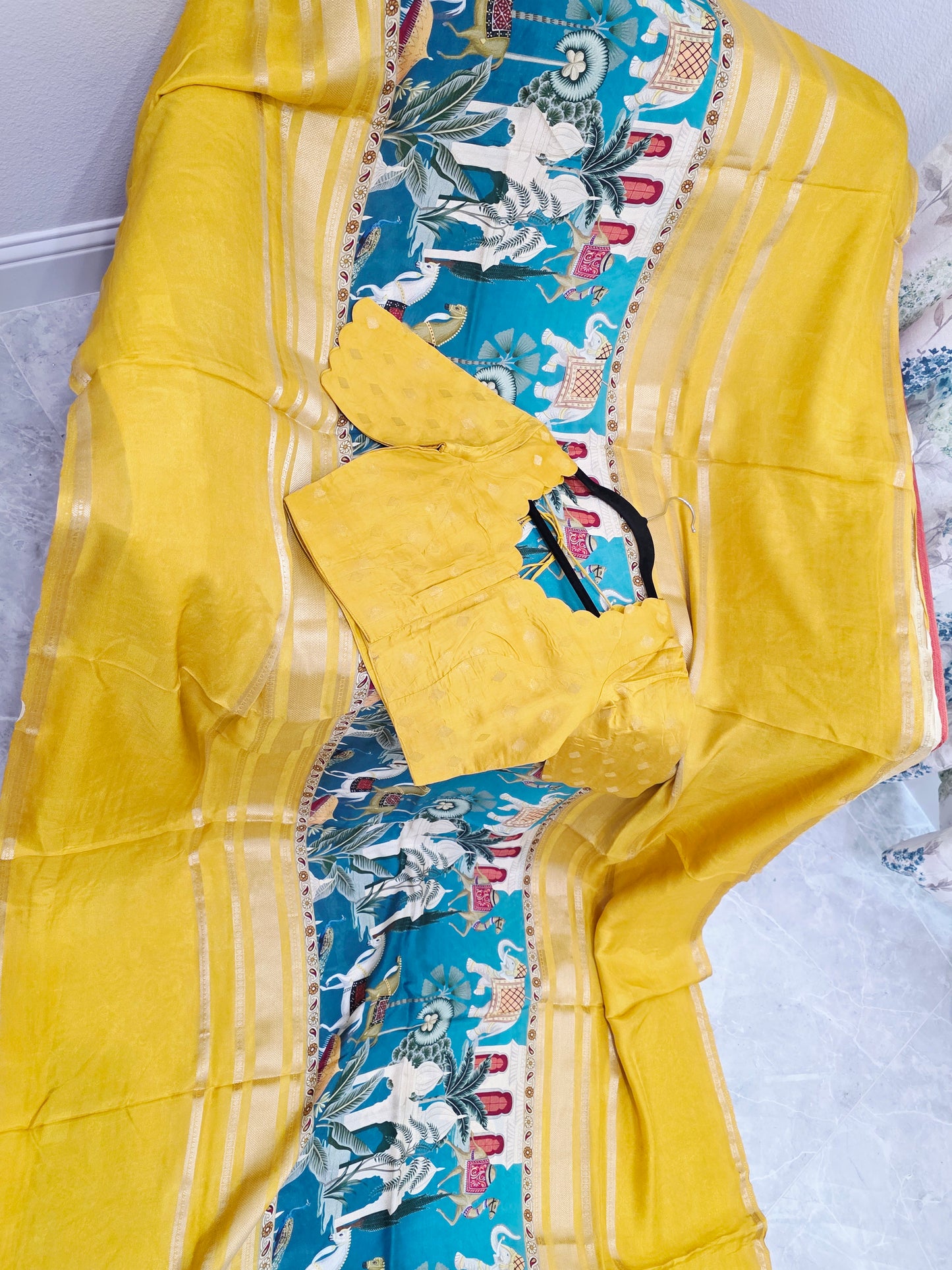 Sunlit Mustard Heritage Crepe Silk Saree with Stitched Blouse