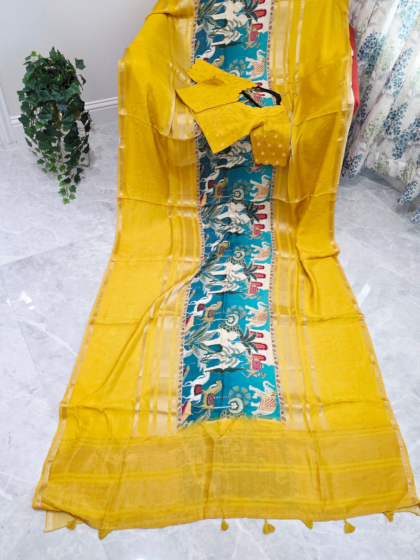 Sunlit Mustard Heritage Crepe Silk Saree with Stitched Blouse