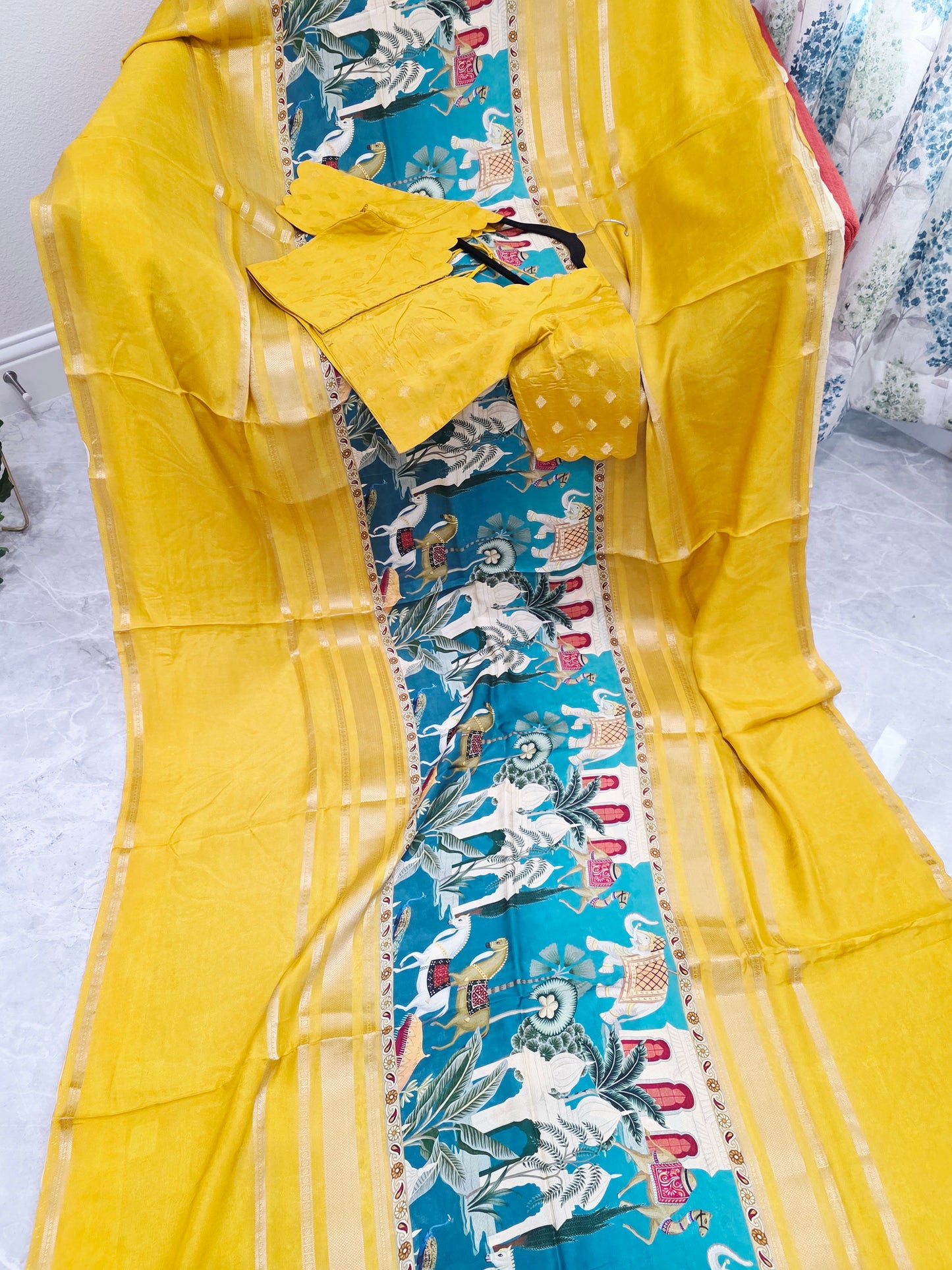 Sunlit Mustard Heritage Crepe Silk Saree with Stitched Blouse