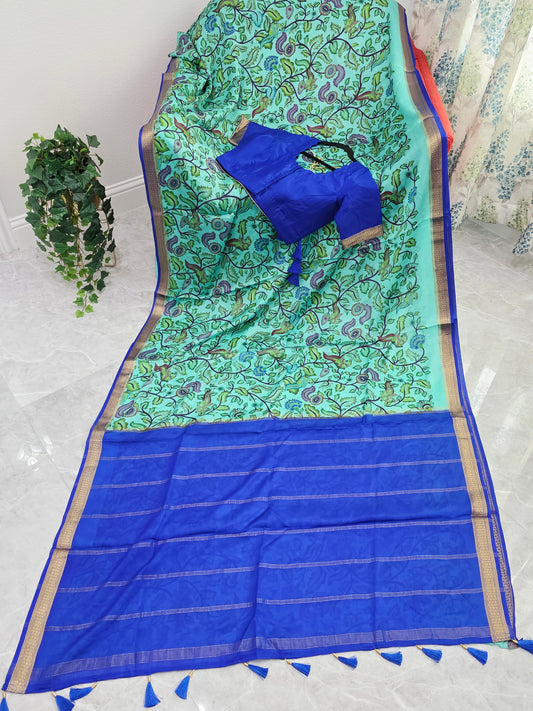 Aqua Mint & Royal Blue Pure Mysore Crepe Silk Kalamkari Saree With Stitched Blouse