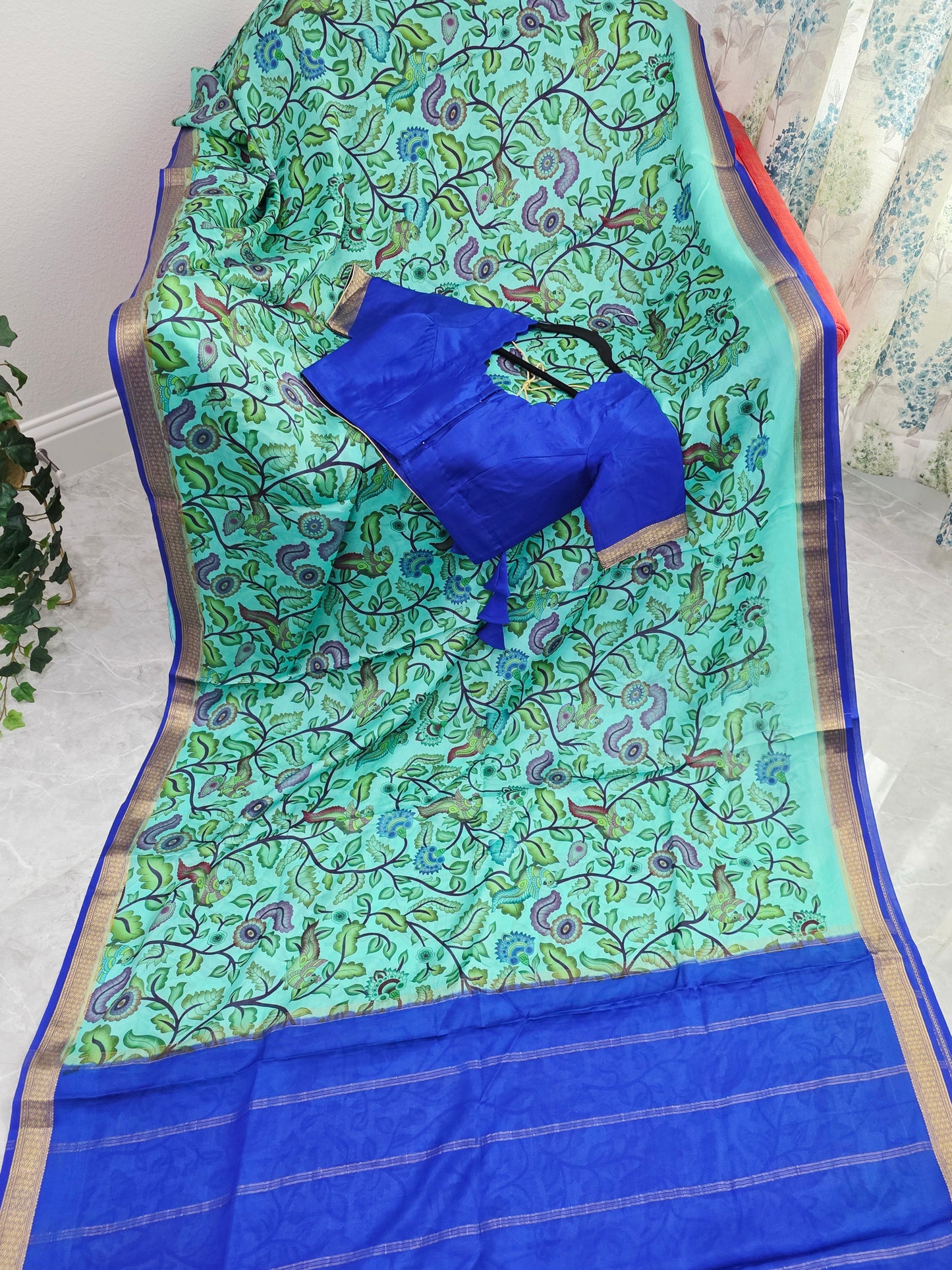 Aqua Mint & Royal Blue Pure Mysore Crepe Silk Kalamkari Saree With Stitched Blouse