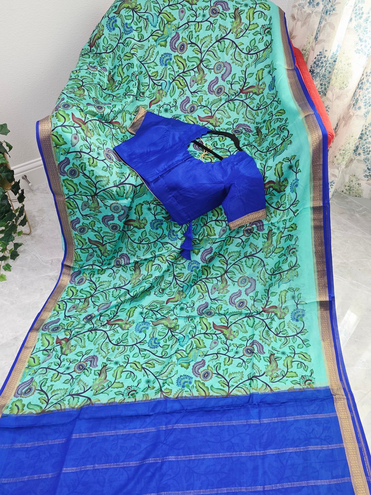 Aqua Mint & Royal Blue Pure Mysore Crepe Silk Kalamkari Saree With Stitched Blouse