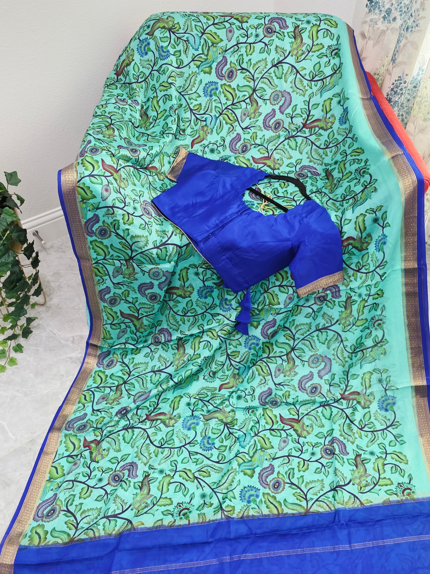 Aqua Mint & Royal Blue Pure Mysore Crepe Silk Kalamkari Saree With Stitched Blouse